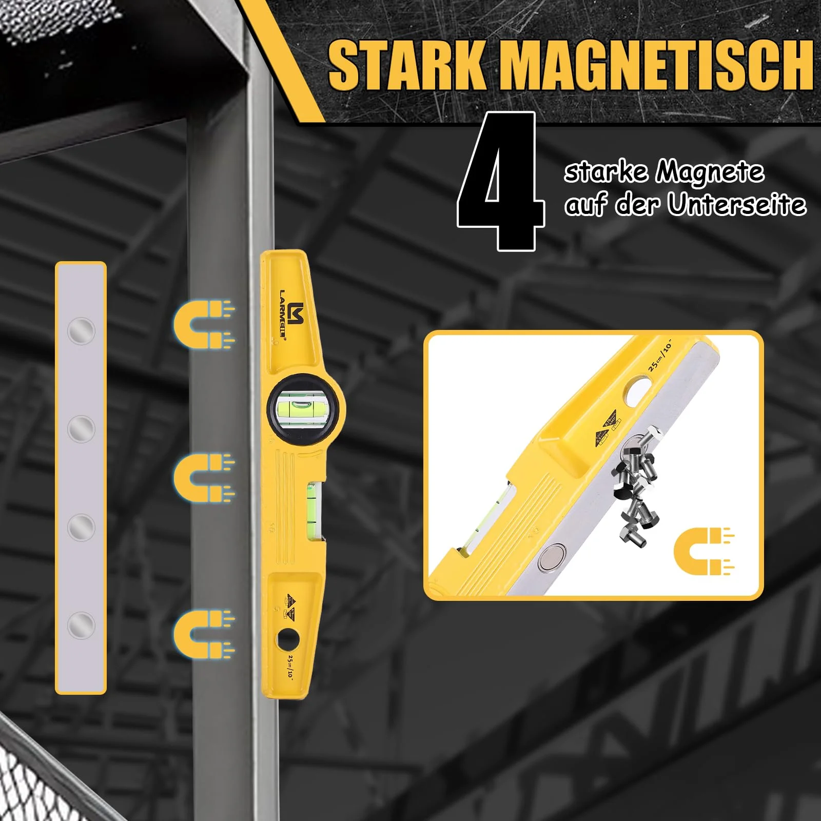 LARMEIL Magnetic Torpedo Spirit Level 25 cm Aluminium Cast Profile 4 Magnets Small Spirit Level 1 Horizontal Level 1 Vertical Level - Image 3