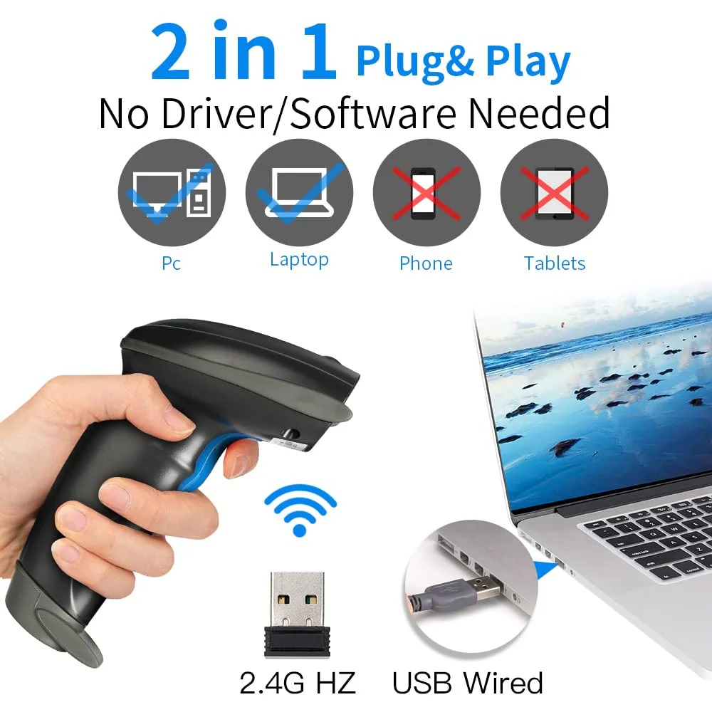 Laser 2.4G Wireless 1D Bar Code Scanners Readers for Computers PC Laptop, UNIDEEPLY Barcode Handheld, Hand Scanning Label UPC EAN Reader Gun Cordless Retails, Black - Image 3