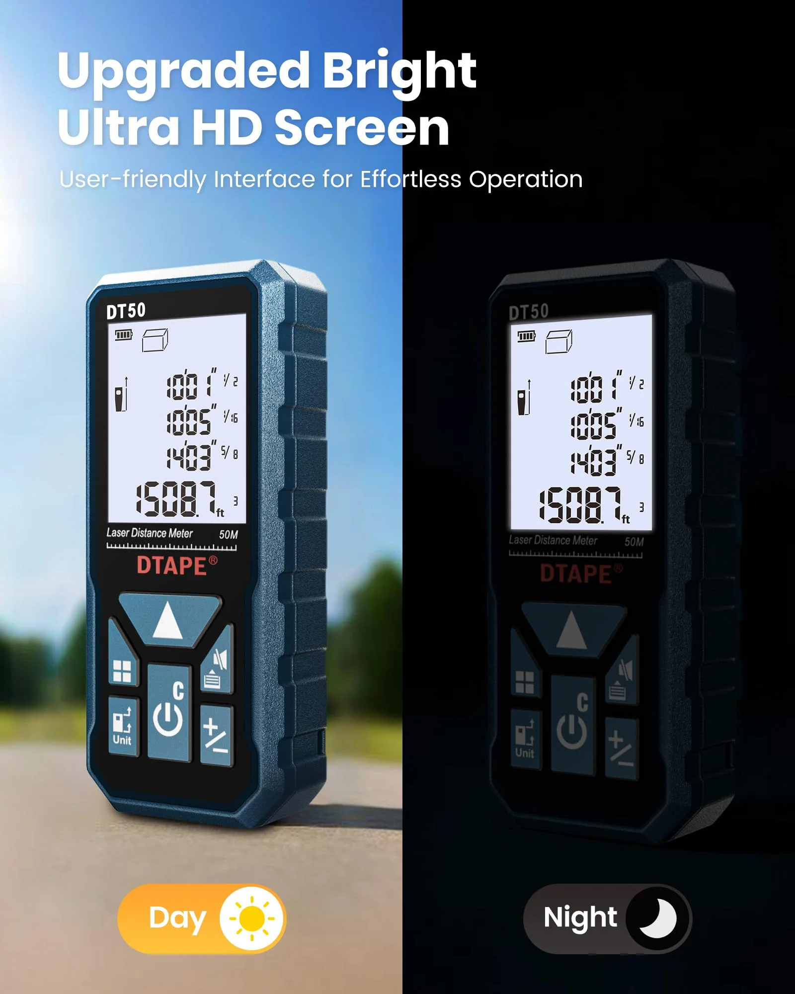 Laser Measure, DTAPE Digital Laser Distance Meter, Upgraded High-Accuracy Laser Measuring Tool, Electronic Tape Measure, 2" Backlit LCD Display, Area/Volume/Indirect Measurement, in/Ft/Ft+in/M 330ft - Image 5