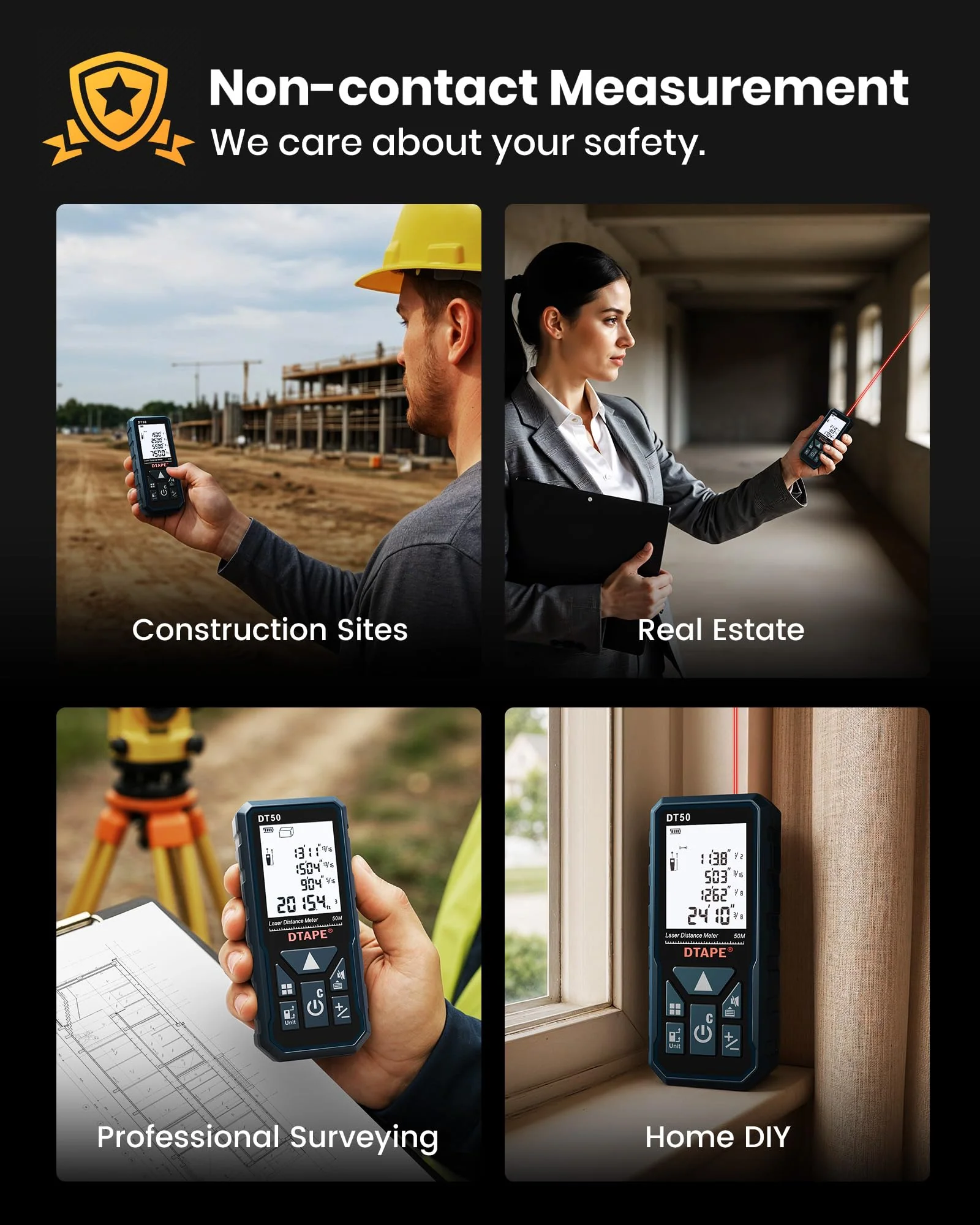 Laser Measure, DTAPE Digital Laser Distance Meter, Upgraded High-Accuracy Laser Measuring Tool, Electronic Tape Measure, 2" Backlit LCD Display, Area/Volume/Indirect Measurement, in/Ft/Ft+in/M 330ft - Image 6