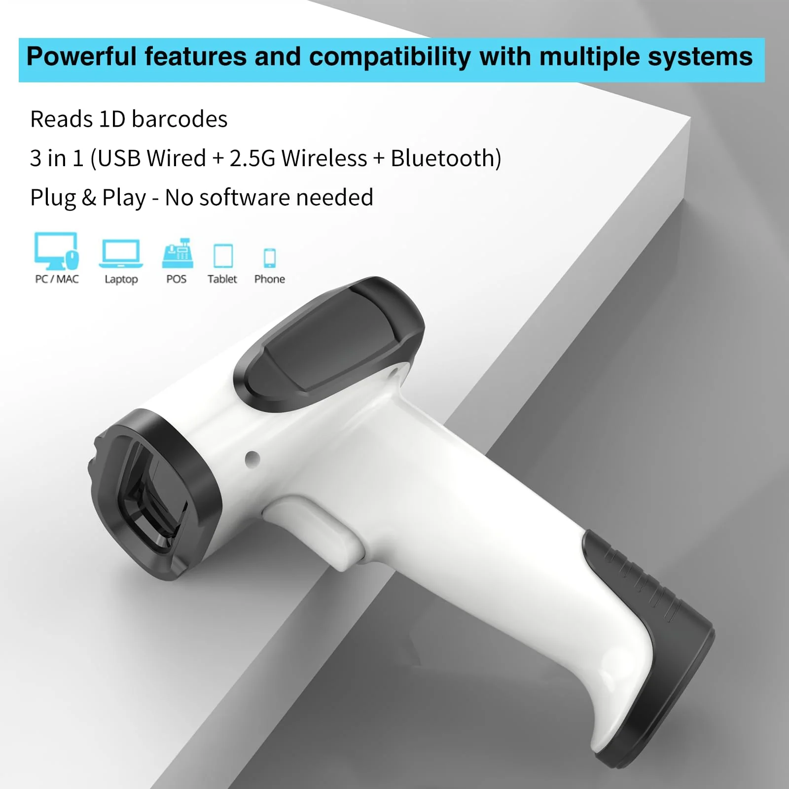 Laser Wireless Handheld Barcode Reader with Stand Bluetooth & 2.4Ghz and USB Wired 3 in 1 Working 1800mAh for Computer POS, Handheld 1D Bar Code Reader for Warehouse Library Supermarket B - Image 4