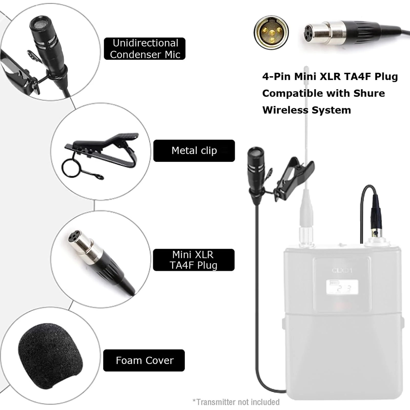 Lavalier Lapel Microphone Unidirectional Condenser Super Cardioid Mic Compatible with Shure Wireless Bodypack Transmitter System with Mini XLR 4 Pin TA4F Plug Mini XLR TA4F Plug Compatible with Shure Only - Image 7