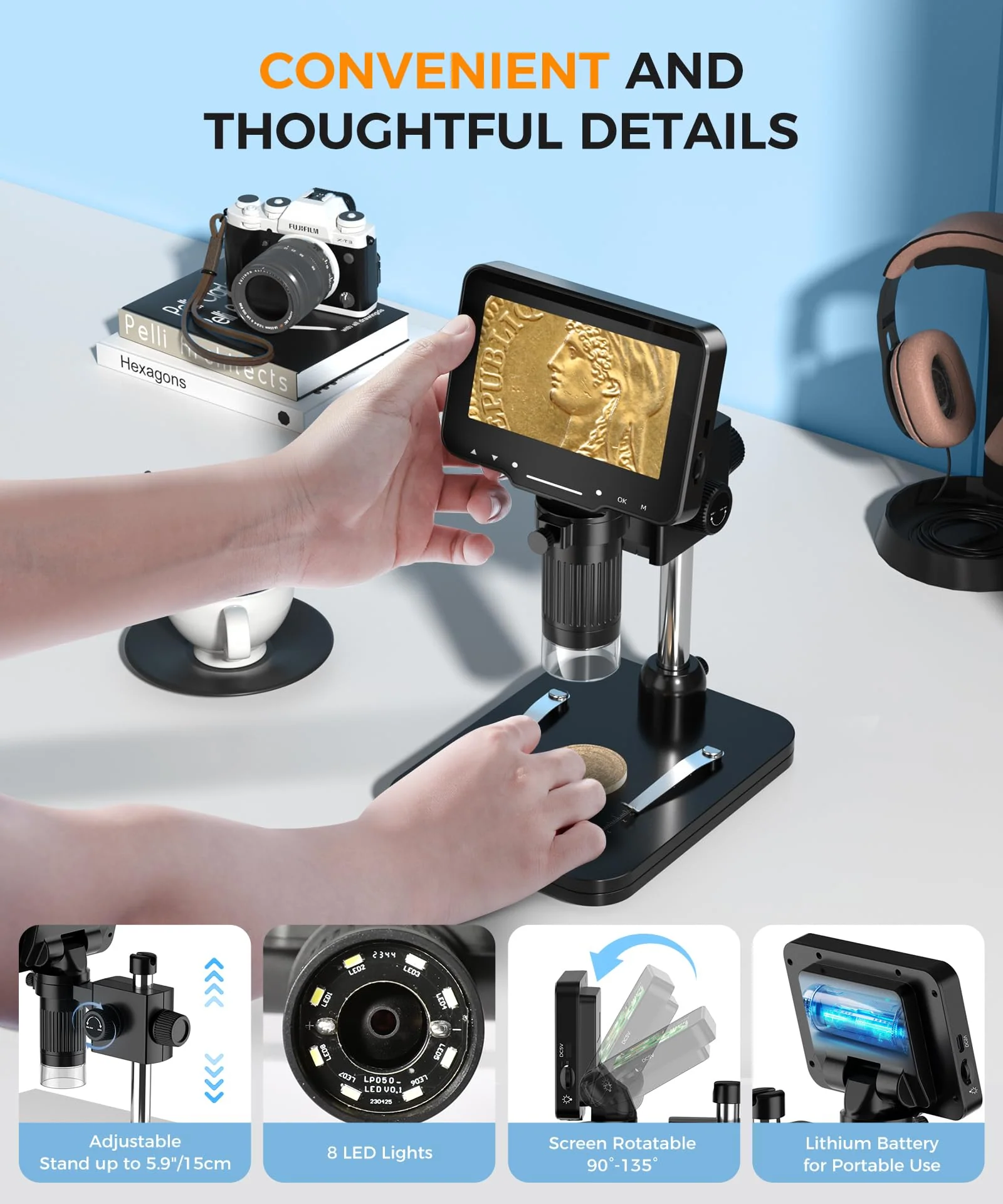 LCD Digital Microscope,4.3 Inch 1080P 10 Megapixels,10MP Camera Video Recorder with HD Screen,1-1000X Magnification Zoom Wireless USB Stereo Microscope Camera, - Image 3