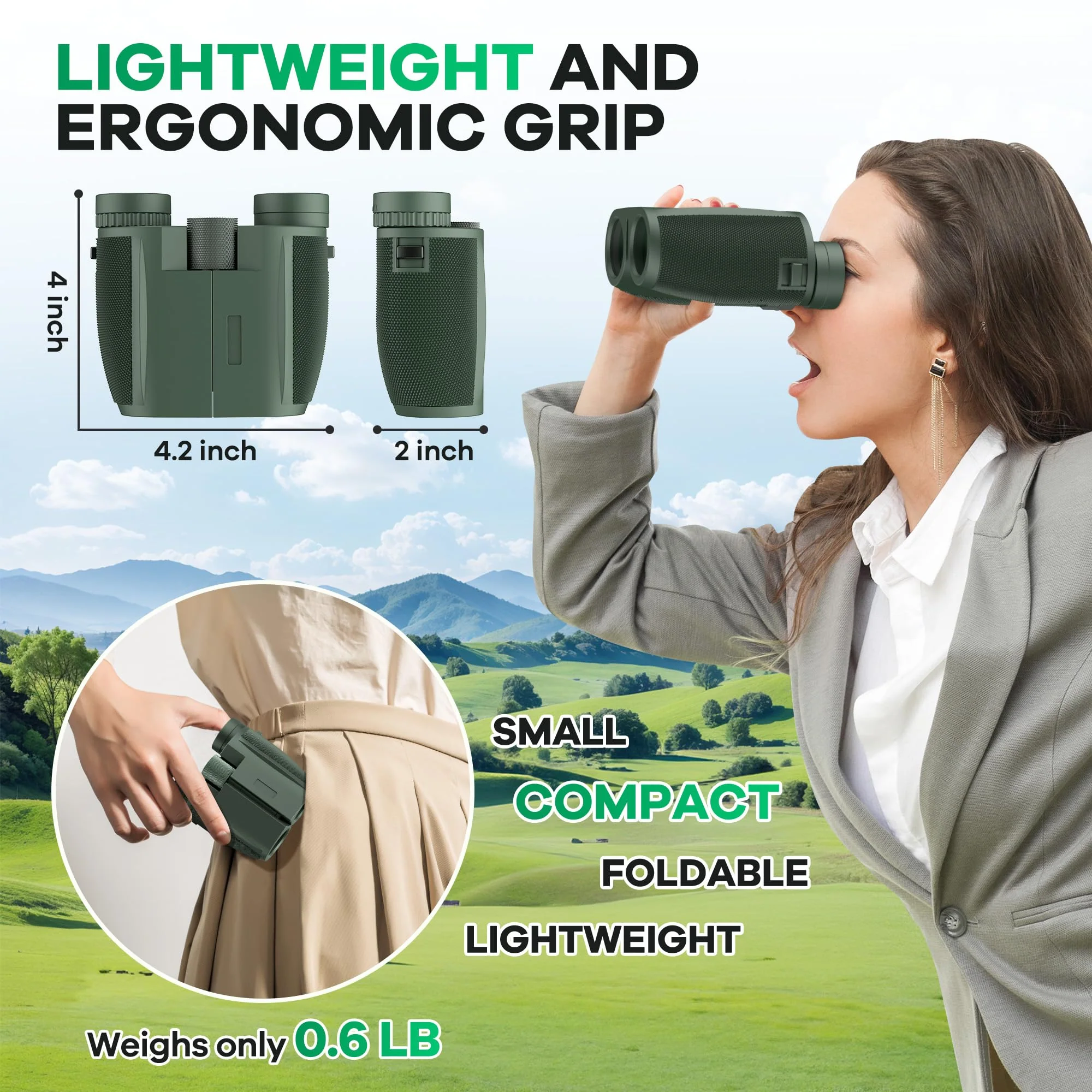 Leacco 10x25 Compact Binoculars for Adults and Kids, Large View Waterproof Small Binoculars with Low Light Vision BAK4 Prism FMC Lens for Cruise Ship Bird Watching Travel Hunting, Military Green - Image 4