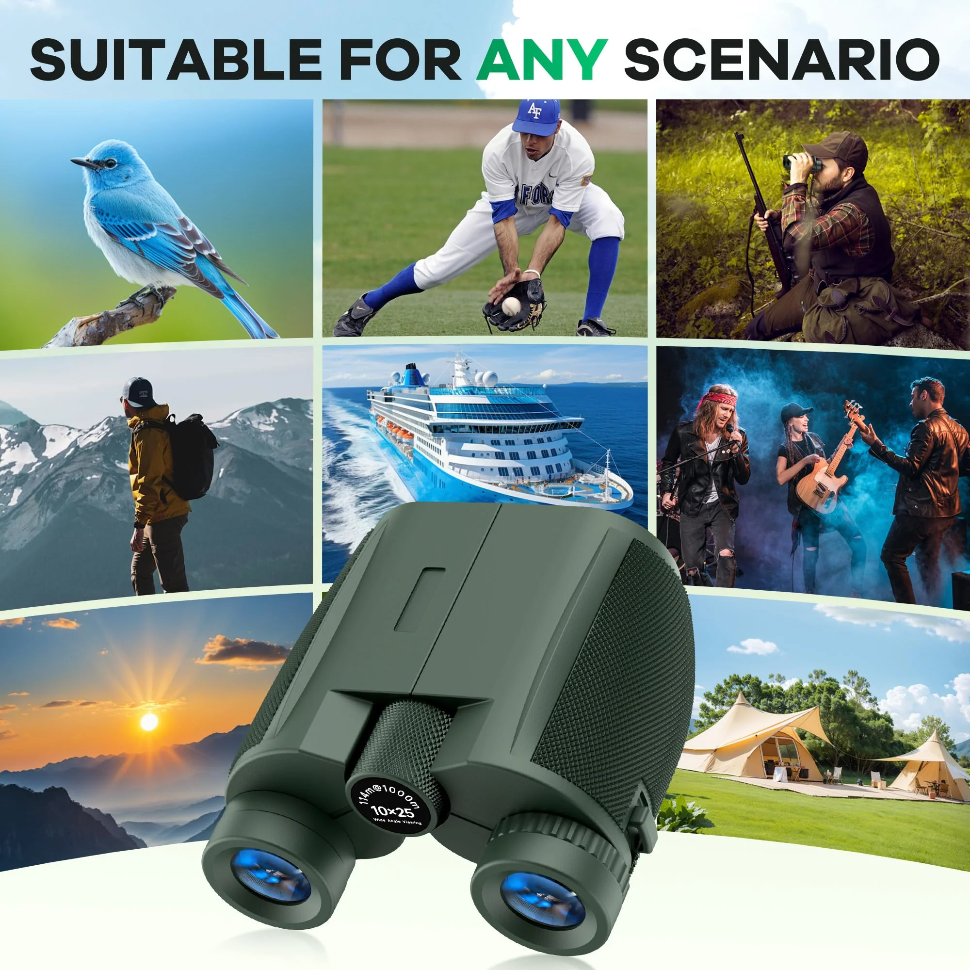 Leacco 10x25 Compact Binoculars for Adults and Kids, Large View Waterproof Small Binoculars with Low Light Vision BAK4 Prism FMC Lens for Cruise Ship Bird Watching Travel Hunting, Military Green - Image 8