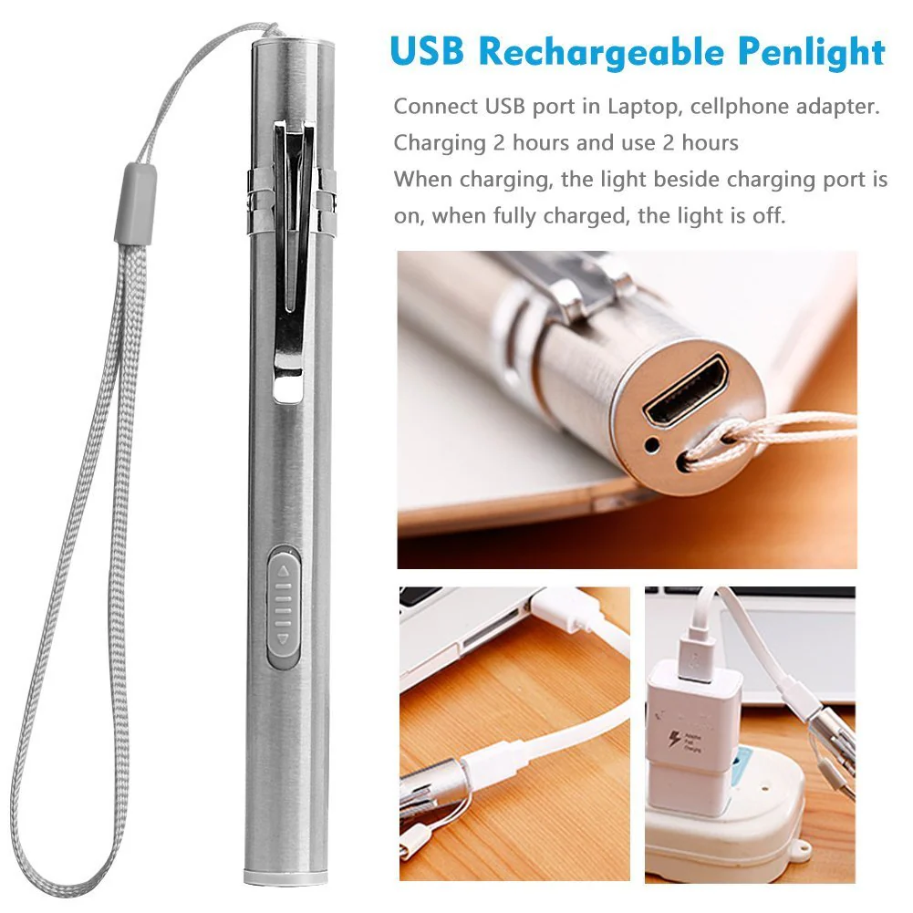 LEAGY Pen Lights for Nurses USB Rechargeable Nursing Penlight Flashlights 2 Pack White Light for Medical Students Doctors Stainless Steel Body Pack of 2 White Light - Image 2
