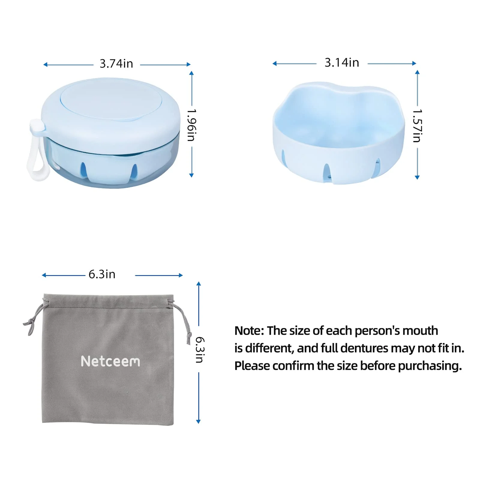 Leak Proof Denture Cup Kit Portable Retainer Case Perfect for Travel, Denture Case Container Cleaning Care for Dentures Aligner Mouth Guard with Denture Brush,Strainer, Removal Tool and Mirror Blue - Image 5