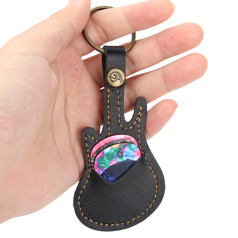 Leather Guitar Picks Case Guitar Pick Holder Guitar Plectrums Bag Guitar Pick Keychain Holder Guitar Pick Storage Bag Brass Guitar Pick Accessories with 5PCS Guitar Picks (Black) Black - Image 3