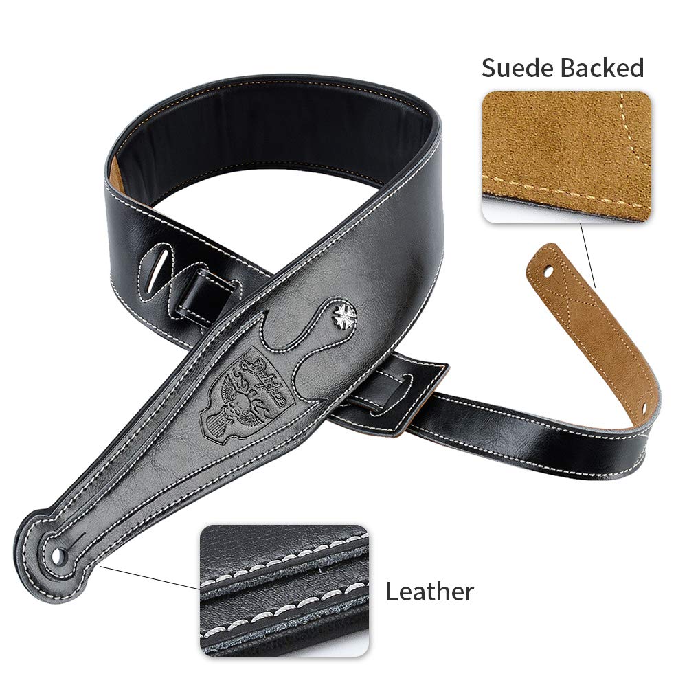 Leather Guitar Strap, 3.15" Genuine Leather Guitar Strap with Suede & Leather Lined for Bass, Electric Guitar and Acoustic Guitar (Black) Black - Image 2