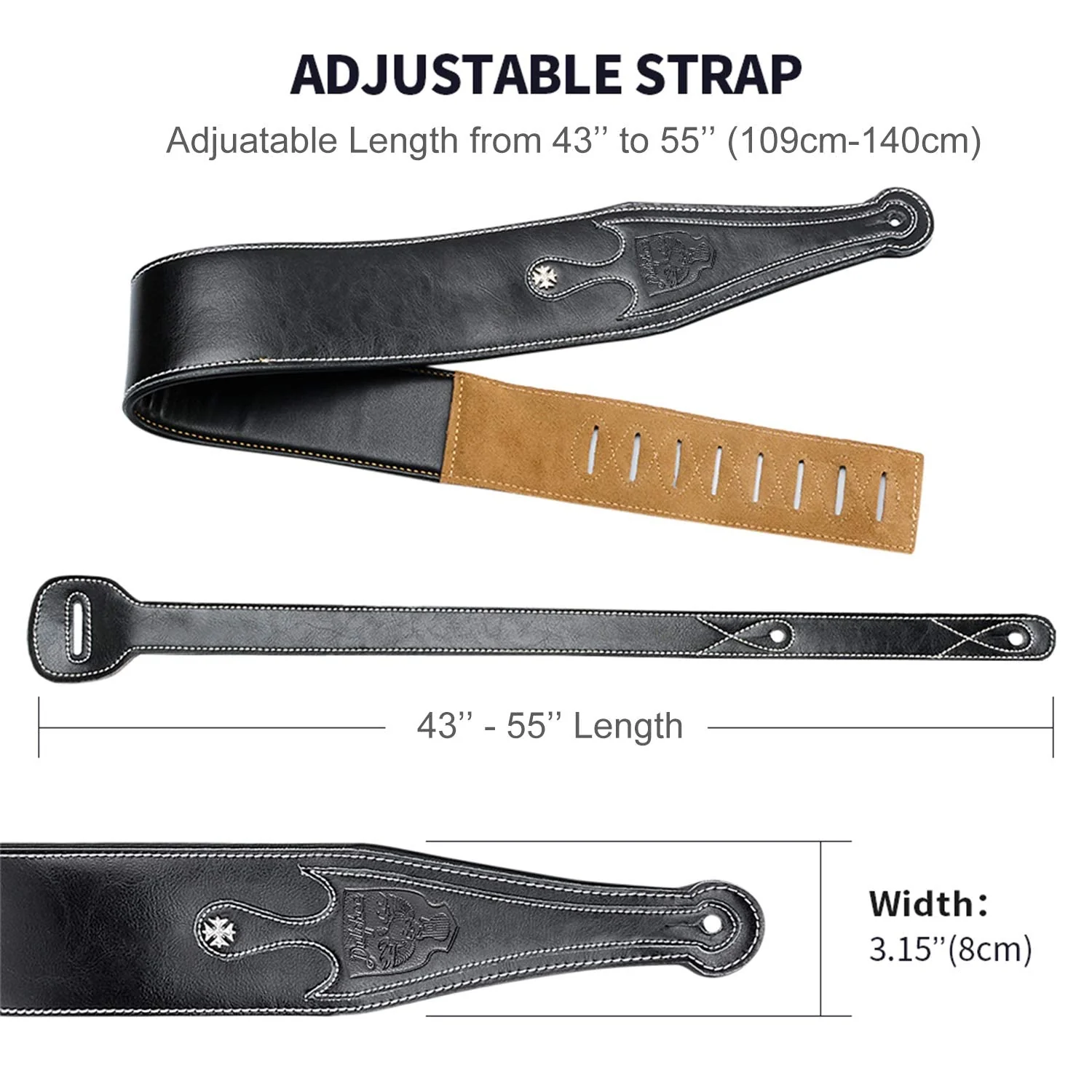 Leather Guitar Strap, 3.15" Genuine Leather Guitar Strap with Suede & Leather Lined for Bass, Electric Guitar and Acoustic Guitar (Black) Black - Image 4