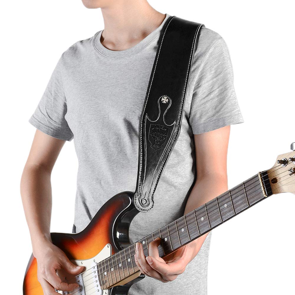 Leather Guitar Strap, 3.15" Genuine Leather Guitar Strap with Suede & Leather Lined for Bass, Electric Guitar and Acoustic Guitar (Black) Black - Image 6