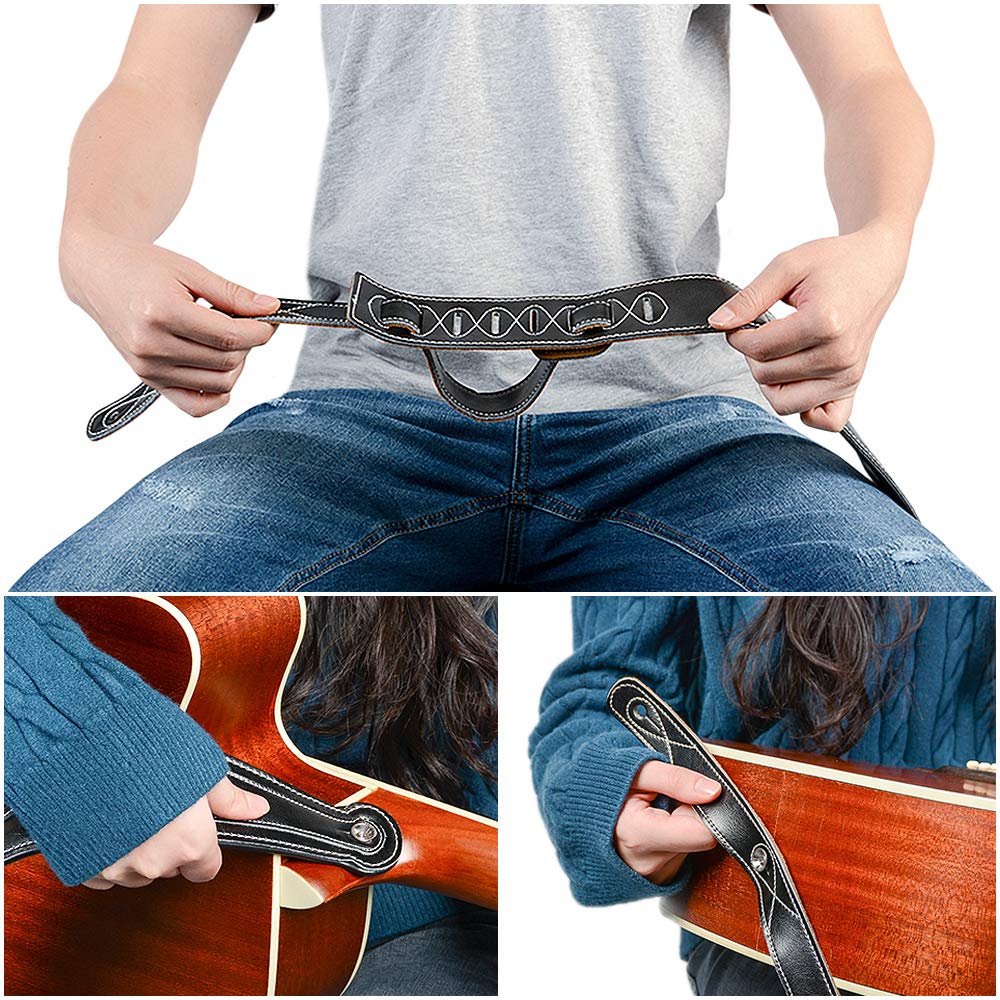 Leather Guitar Strap, 3.15" Genuine Leather Guitar Strap with Suede & Leather Lined for Bass, Electric Guitar and Acoustic Guitar (Black) Black - Image 7