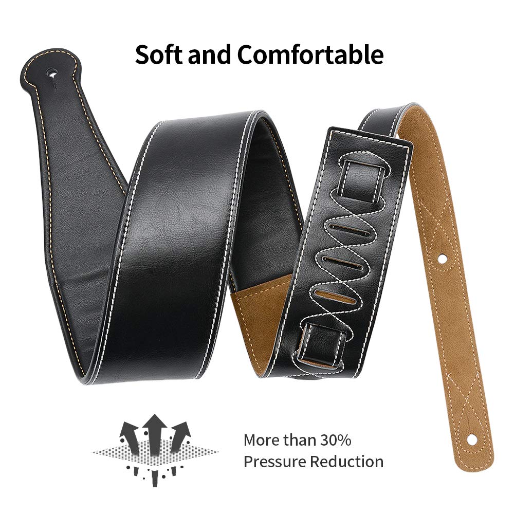 Leather Guitar Strap, 3.15" Genuine Leather Guitar Strap with Suede & Leather Lined for Bass, Electric Guitar and Acoustic Guitar (Black) Black - Image 8
