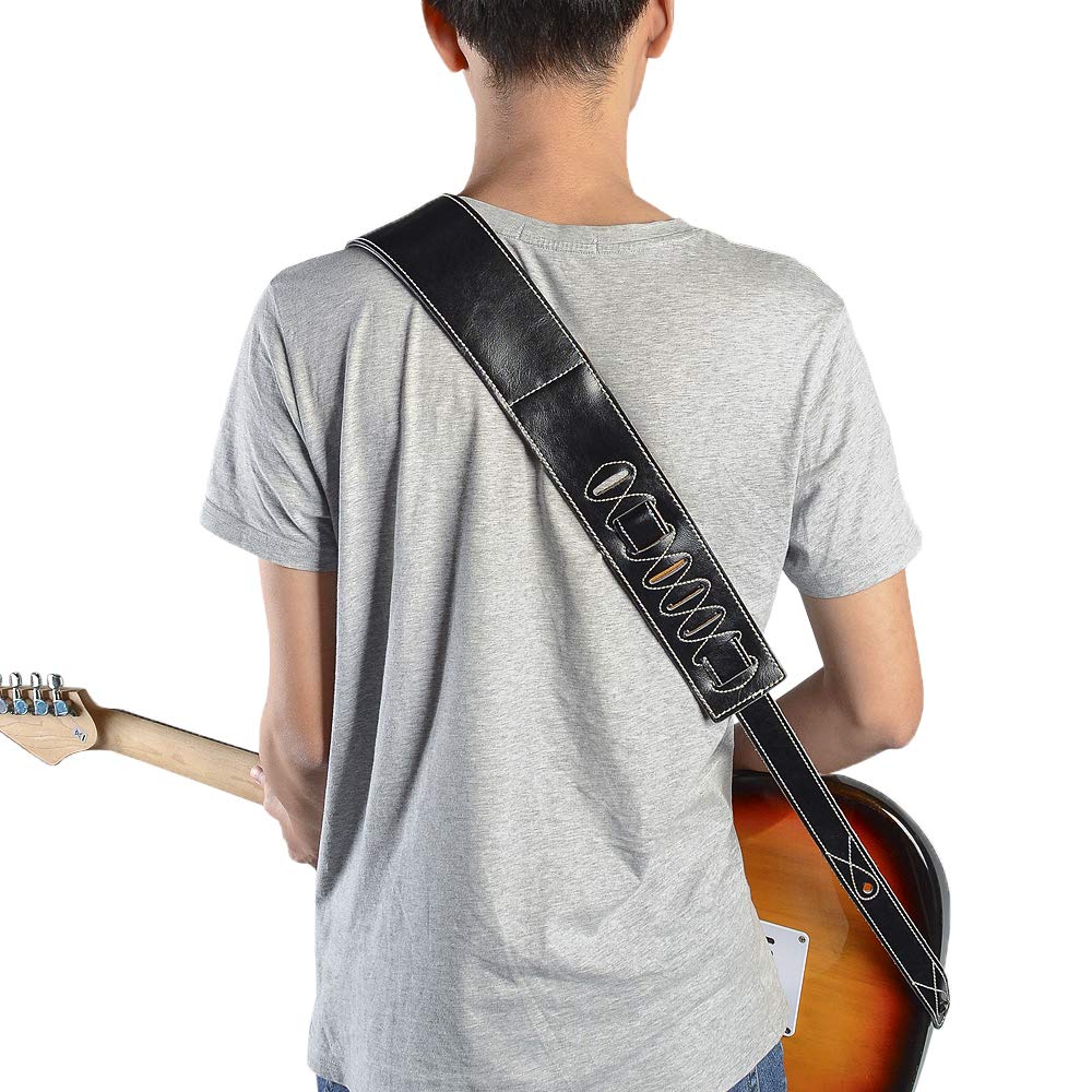 Leather Guitar Strap, 3.15" Genuine Leather Guitar Strap with Suede & Leather Lined for Bass, Electric Guitar and Acoustic Guitar (Black) Black - Image 9