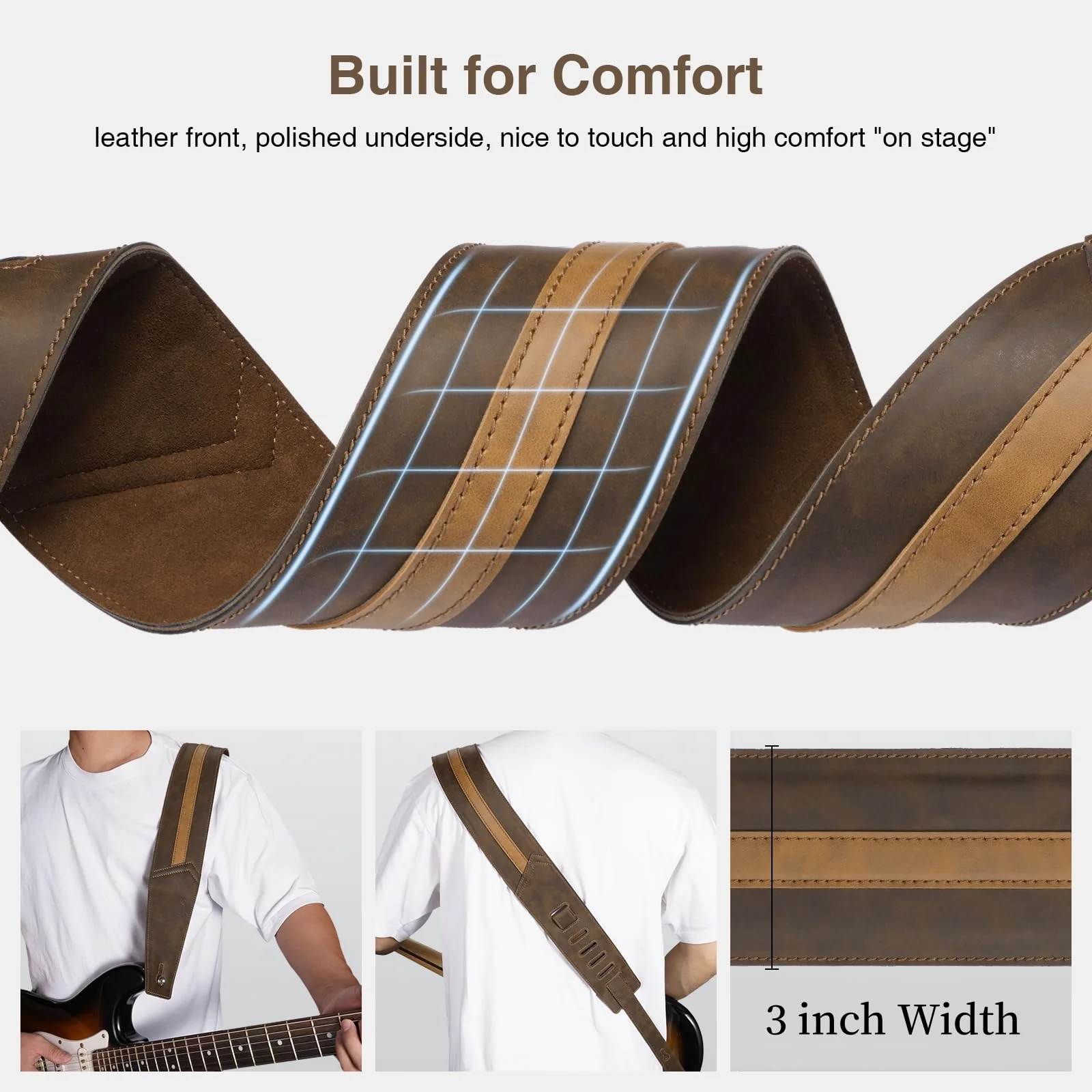 Leather Guitar Strap, 3 inch Wide Comfortable Foam Cushion Padded Bass Strap, Adjustable Length from 51" to 57", with Strap Locks & Picks, for Bass/Electric/Acoustic Guitar (Brown) - Image 3