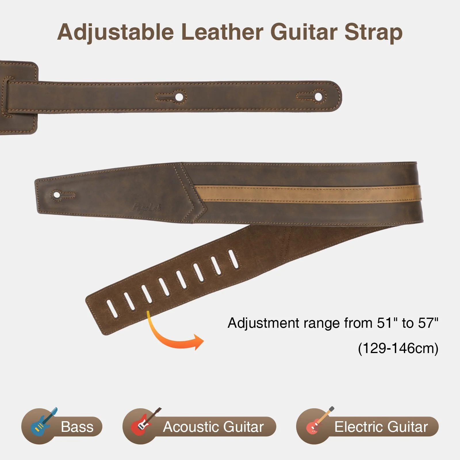 Leather Guitar Strap, 3 inch Wide Comfortable Foam Cushion Padded Bass Strap, Adjustable Length from 51" to 57", with Strap Locks & Picks, for Bass/Electric/Acoustic Guitar (Brown) - Image 4