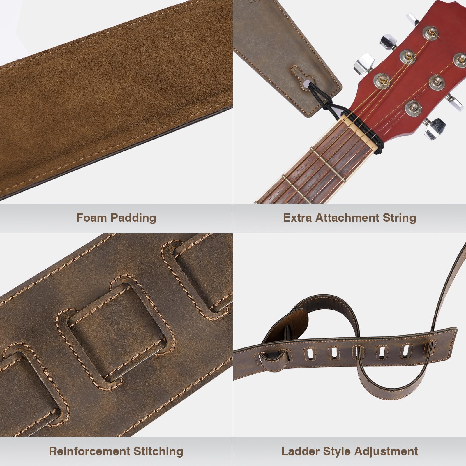 Leather Guitar Strap, 3 inch Wide Comfortable Foam Cushion Padded Bass Strap, Adjustable Length from 51" to 57", with Strap Locks & Picks, for Bass/Electric/Acoustic Guitar (Brown) - Image 5