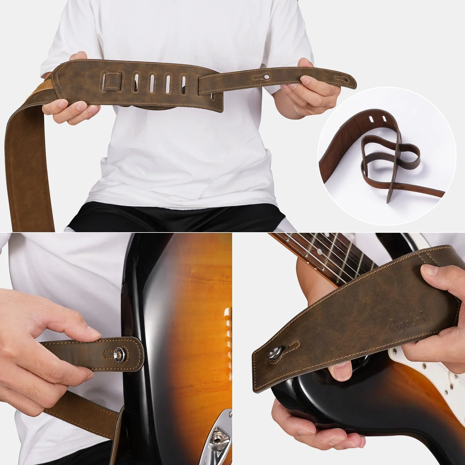 Leather Guitar Strap, 3 inch Wide Comfortable Foam Cushion Padded Bass Strap, Adjustable Length from 51" to 57", with Strap Locks & Picks, for Bass/Electric/Acoustic Guitar (Brown) - Image 6