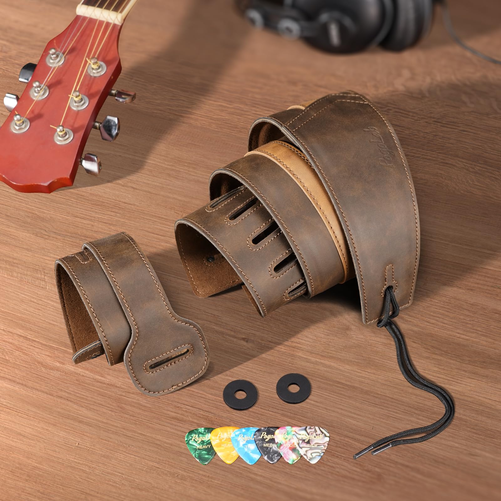 Leather Guitar Strap, 3 inch Wide Comfortable Foam Cushion Padded Bass Strap, Adjustable Length from 51" to 57", with Strap Locks & Picks, for Bass/Electric/Acoustic Guitar (Brown) - Image 7