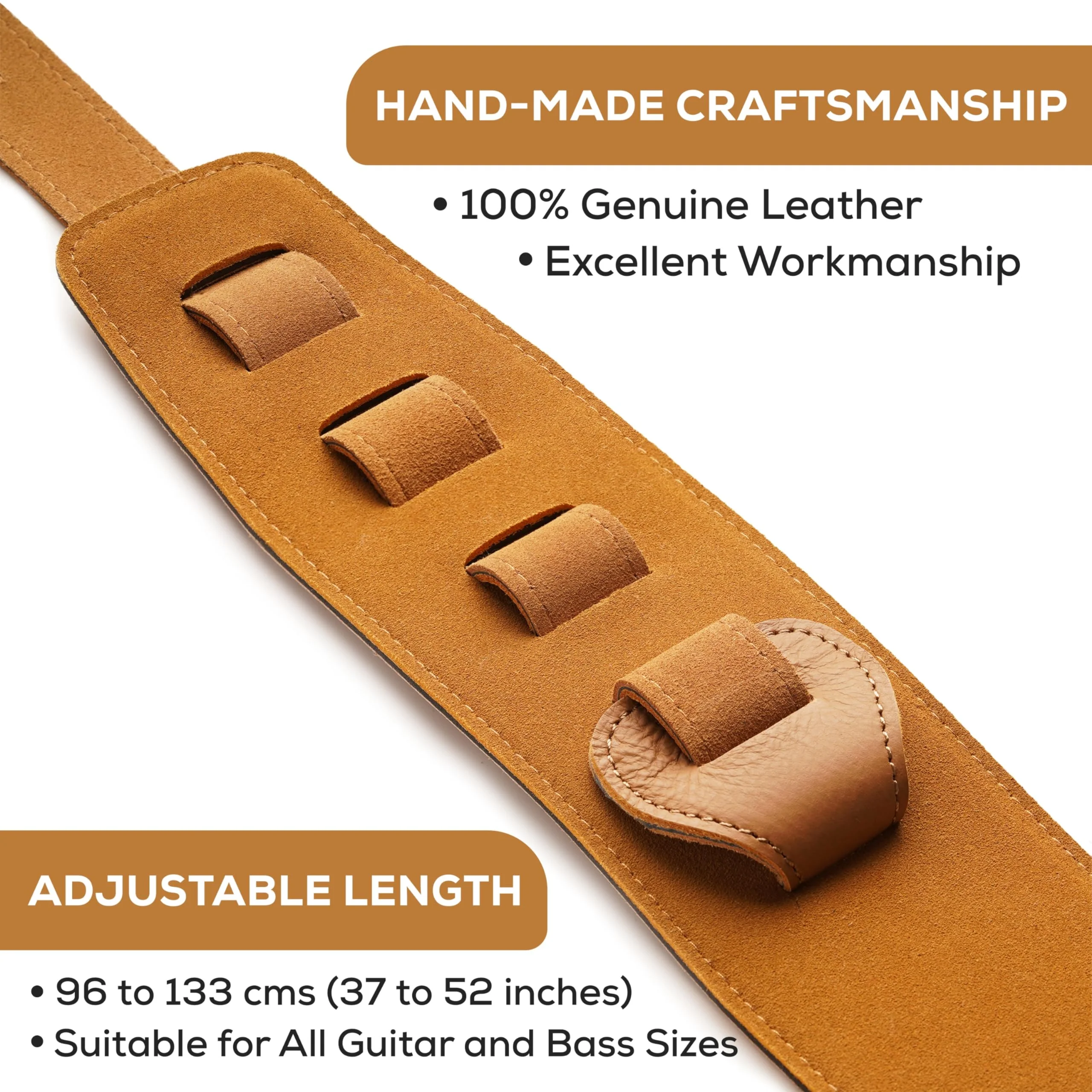 Leather Guitar Strap | for Electric, Acoustic, Electro-Acoustic, Bass, and Classical Guitar | Padded for Extra Comfort | Light Brown | Includes 2 FREE Pick Geek Steel Picks Standard - Image 3