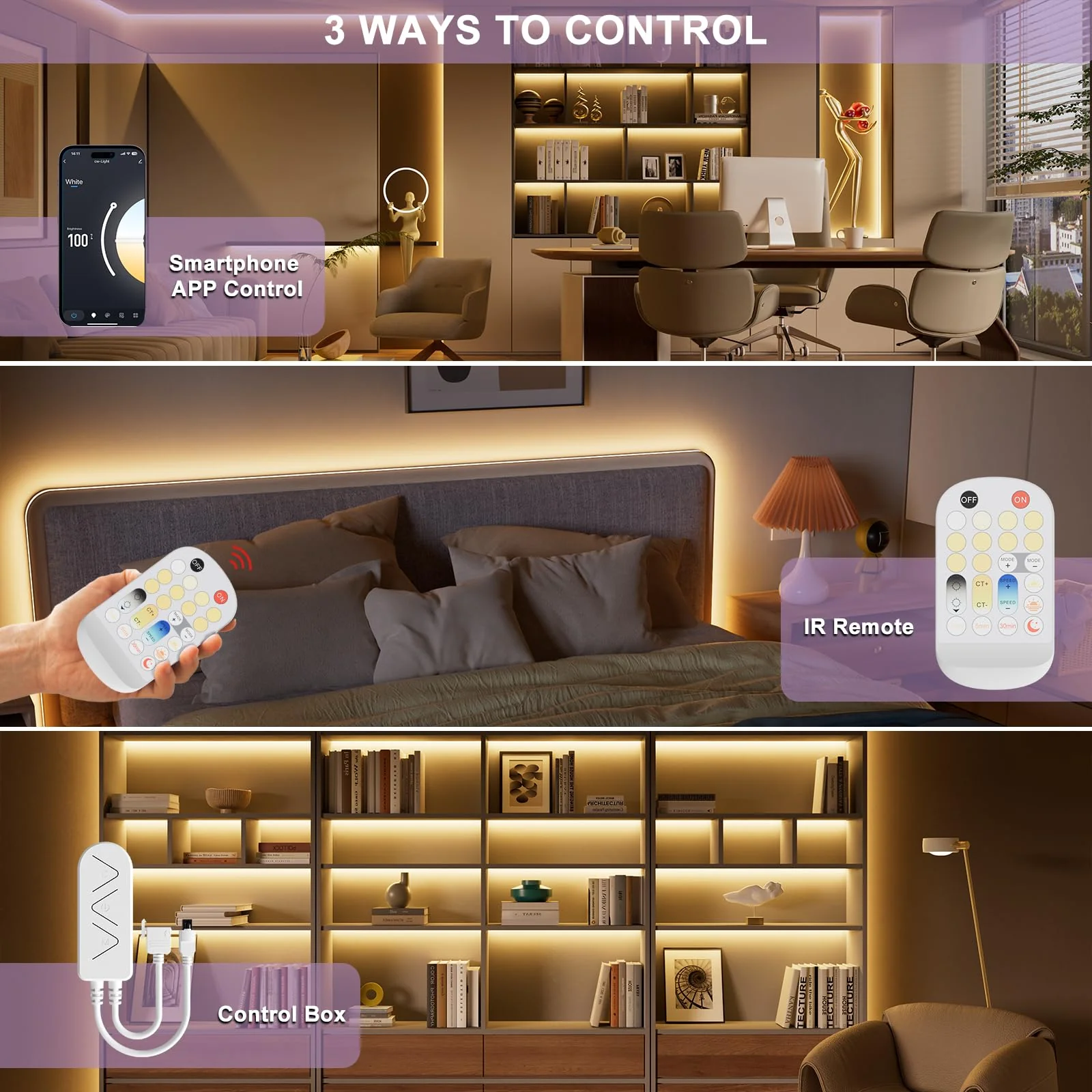 LED Controller Dimmer for CCT COB LED Strip Light,with APP Control,IR Remote,Memory Function,Timing Function for 3-pin Led Strip Lights to Bluetooth/2.4 G Wi-Fi Connection,DC12V 24V - Image 2