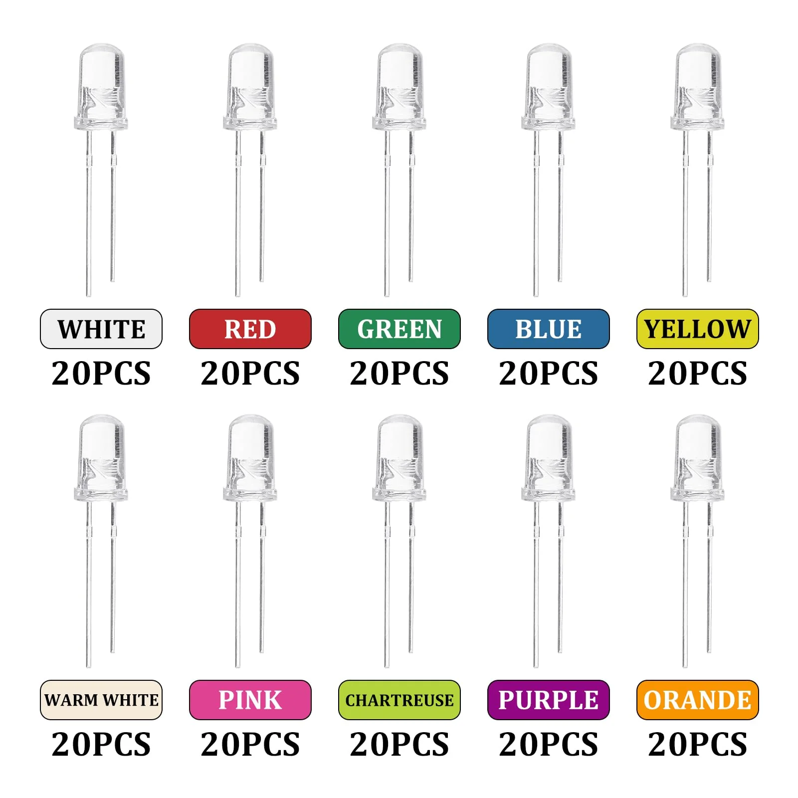 LED Diode 3 mm Light Emitting Diodes Set Warm White Red Blue Green Chartreuse White Orange Purple Pink Yellow Diodes 2 Pin (10 Colours, Pack of 200) - Image 3
