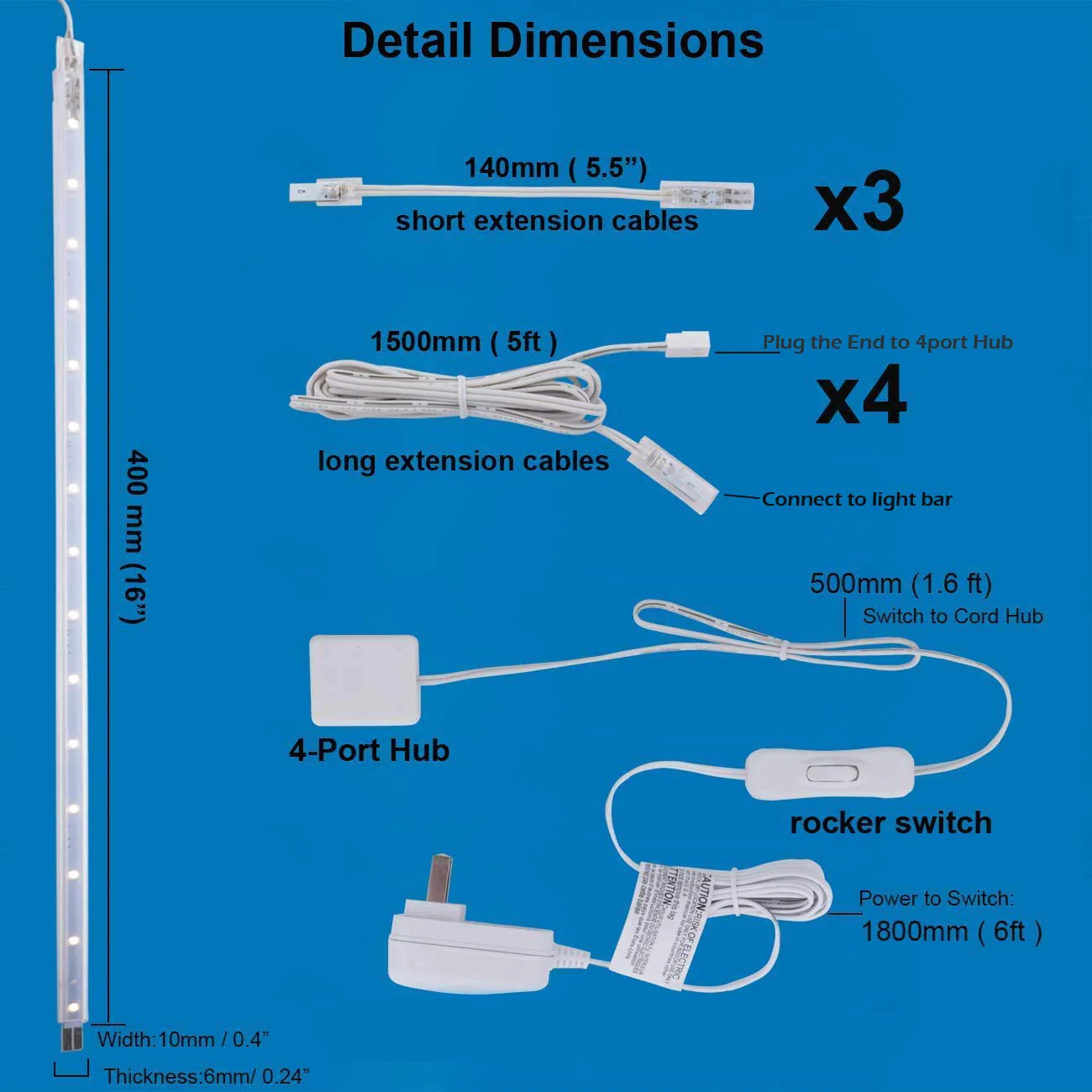 LED Display Light Bar Kit - (4) 16inches Plug-in Linkable Strip Lights for Large Display Cabinet - Series + Parallel Connection - White 6000K Cool White (6000K) - Image 5