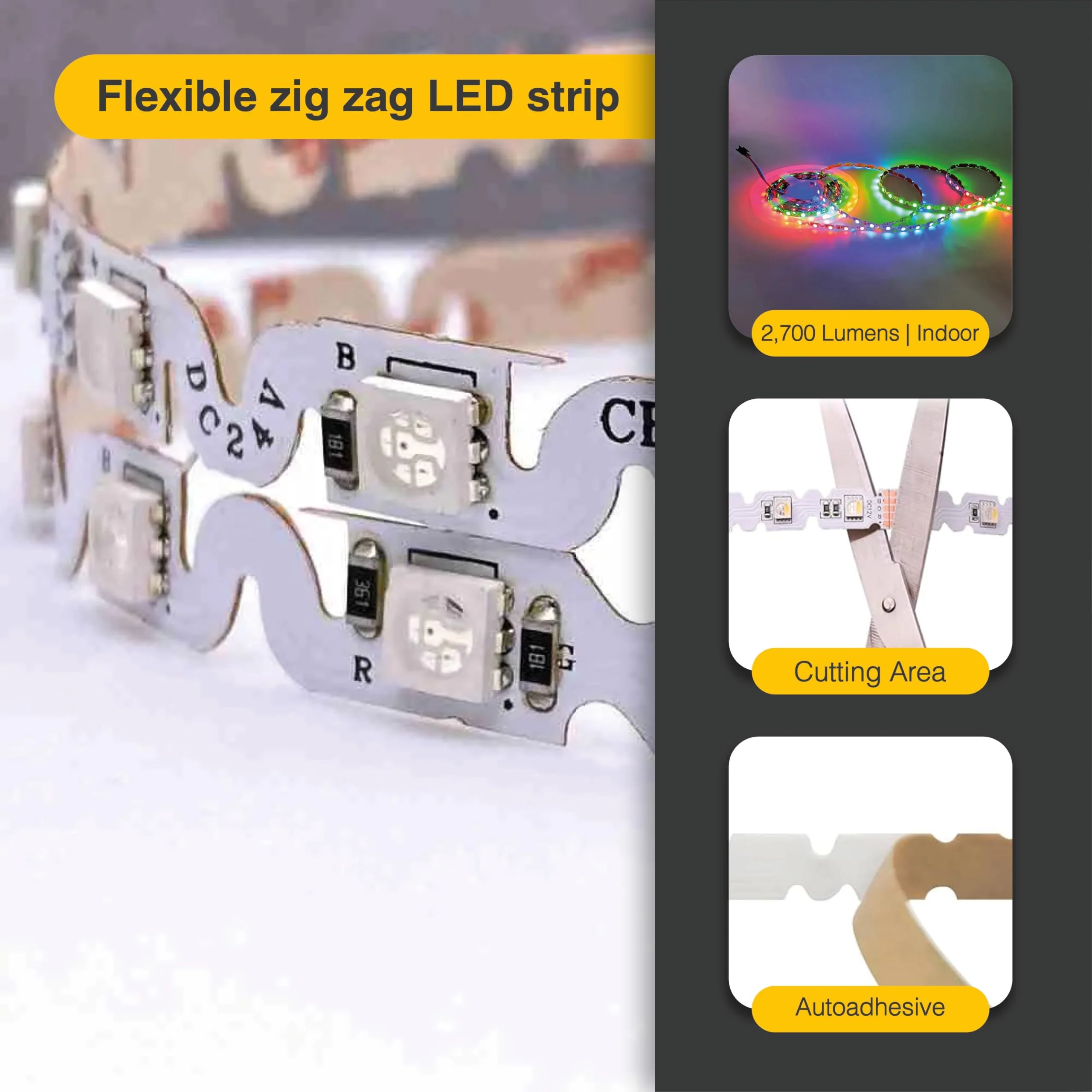 LED Lighting 12V 16.4ft UL 5050 SMD Zig-Zag LED Strip Lights Dimmable 660lm/m 6.2W/m 300 LEDs 60 LEDs/m IP33 Non-Waterproof. S Shape Angle Turning Capable (RGB) RGB (Red, Green, Blue) - Image 3