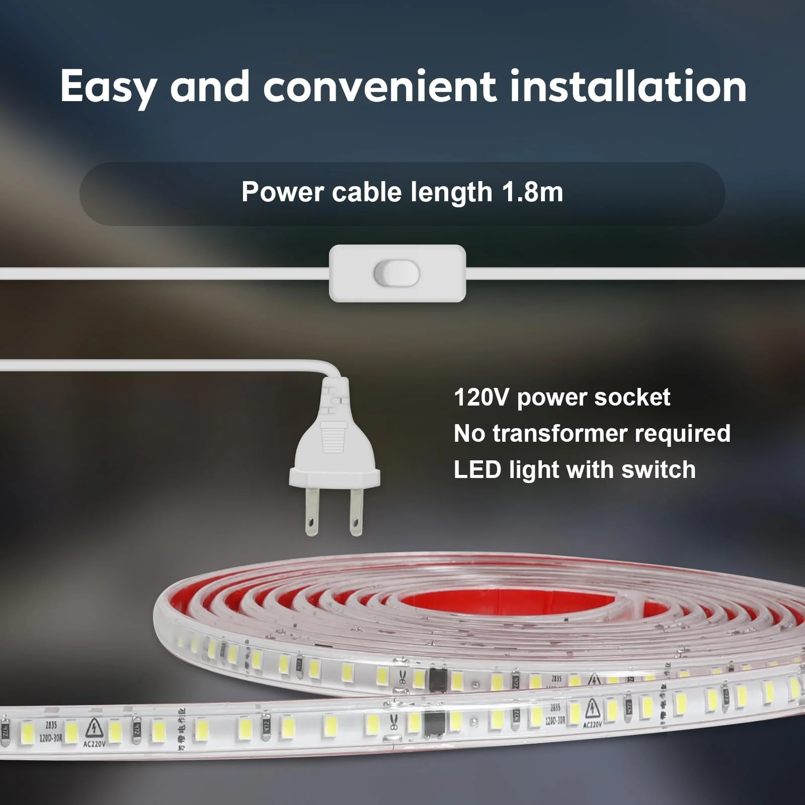 LED Lights 6.56 ft AC 120V Hardwired LED Strip Lights 2M SMD 2835 LED Tape Light Flexible White LED Strips 4000K 110 Volt with ON/Off Switch (White, 6.56ft) White 4000K - Image 5