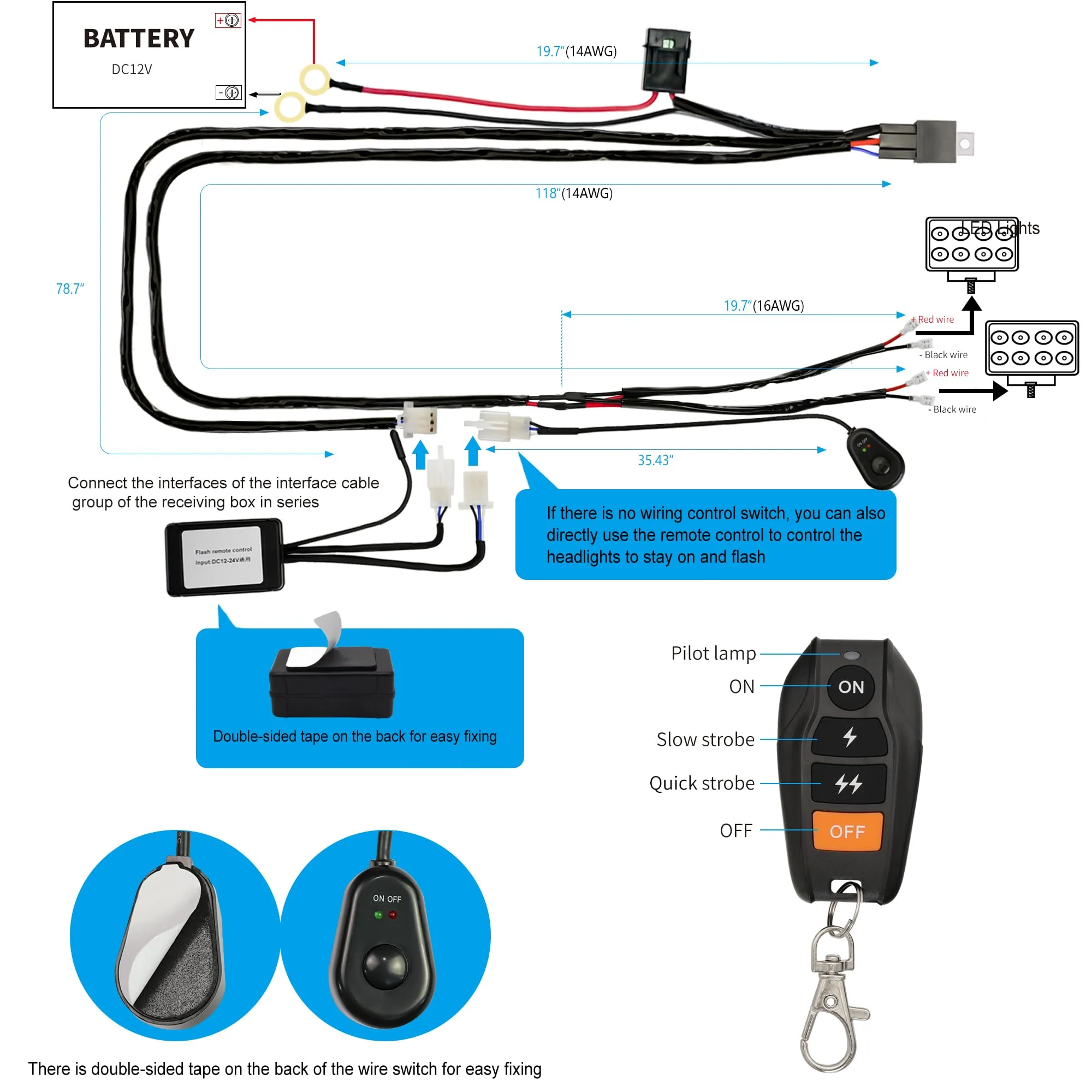 LED Lights Bar Wire Harness Kit with Remote Control 2Leads DC12V 40A Fuse Relay 14AWG 3.5M/11.5FT Wiring Harness Kit fit for LED Work Lights Driving Fog Lights bar Max Support 300W 2Leads with Remote Control - Image 2