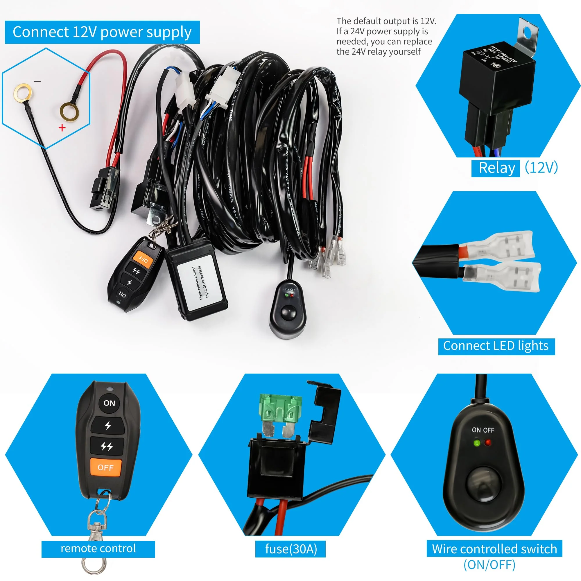 LED Lights Bar Wire Harness Kit with Remote Control 2Leads DC12V 40A Fuse Relay 14AWG 3.5M/11.5FT Wiring Harness Kit fit for LED Work Lights Driving Fog Lights bar Max Support 300W 2Leads with Remote Control - Image 3