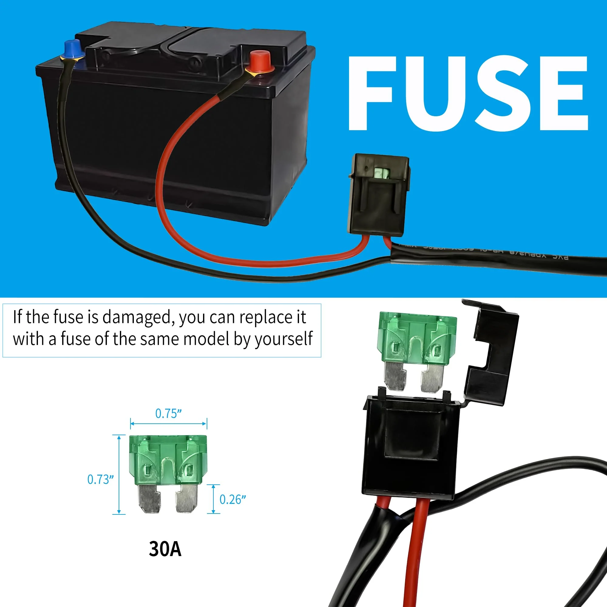 LED Lights Bar Wire Harness Kit with Remote Control 2Leads DC12V 40A Fuse Relay 14AWG 3.5M/11.5FT Wiring Harness Kit fit for LED Work Lights Driving Fog Lights bar Max Support 300W 2Leads with Remote Control - Image 6