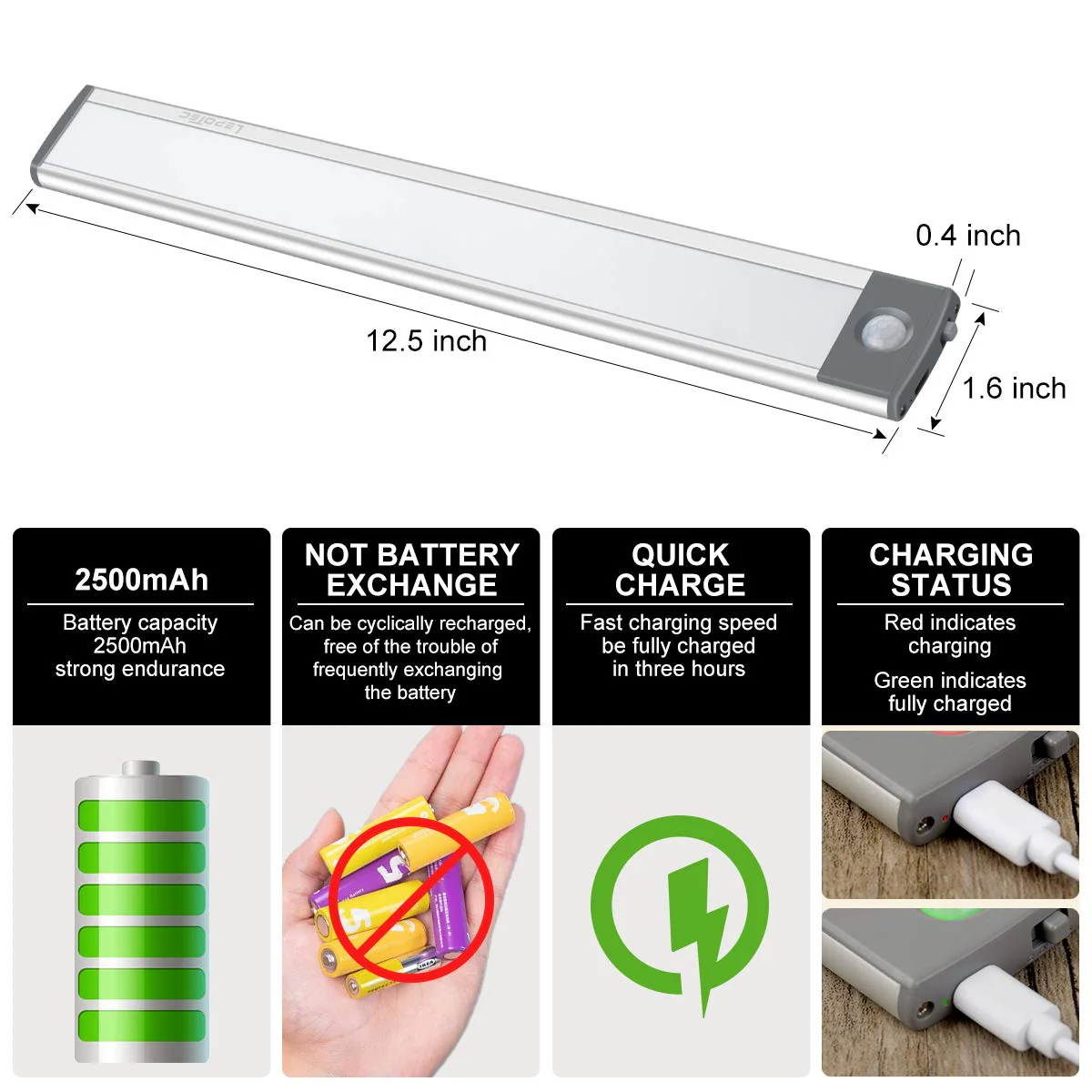 LED Motion Sensor Light,Under Counter Lighting, Wireless USB Rechargeable Kitchen Night Lights,Battery Powered Operated Light,54-LED Light for Wardrobe,Closets,Cabinet,Cupboard, 2 Count (Pack of 1) Silver-white Light 12.5inch-54LED - Image 2