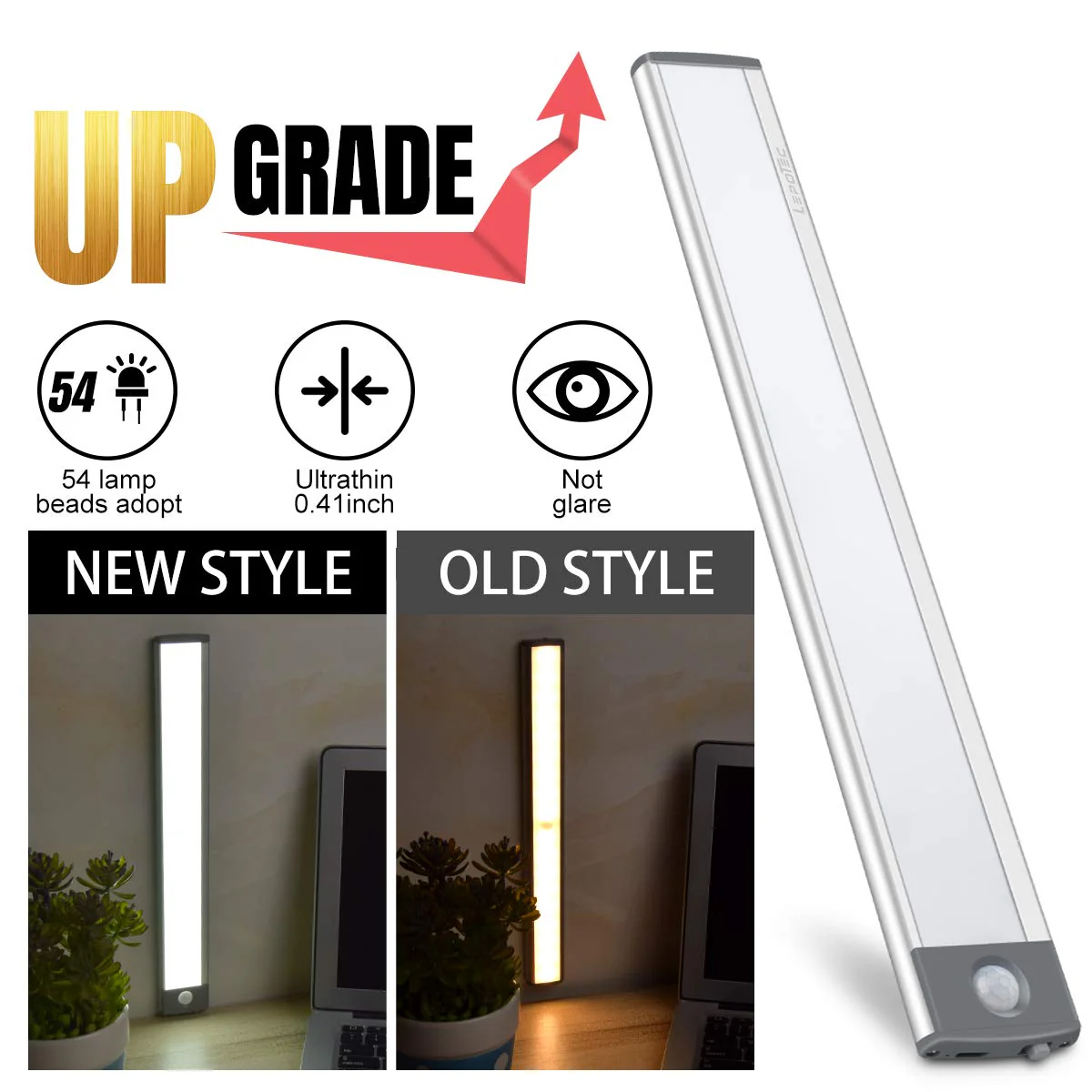 LED Motion Sensor Light,Under Counter Lighting, Wireless USB Rechargeable Kitchen Night Lights,Battery Powered Operated Light,54-LED Light for Wardrobe,Closets,Cabinet,Cupboard, 2 Count (Pack of 1) Silver-white Light 12.5inch-54LED - Image 7