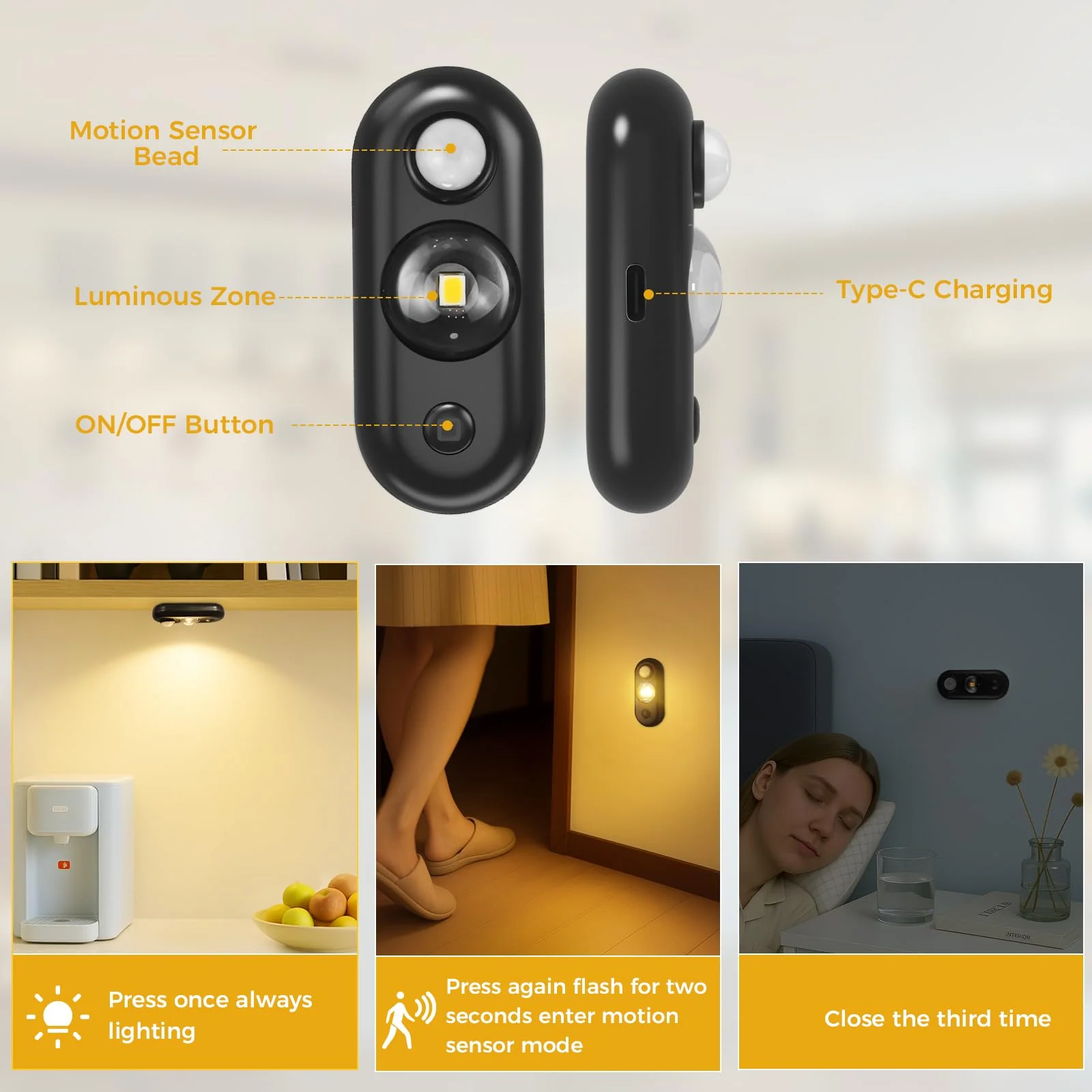 LED Motion Sensor Puck Lights, Small Rechargeable Under Cabinet Light, Dimmable Warm White Closet Lights, Wireless Under Cabinet Lighting for Drawer, Kitchen (6 Pack) 6 pack-Black - Image 3