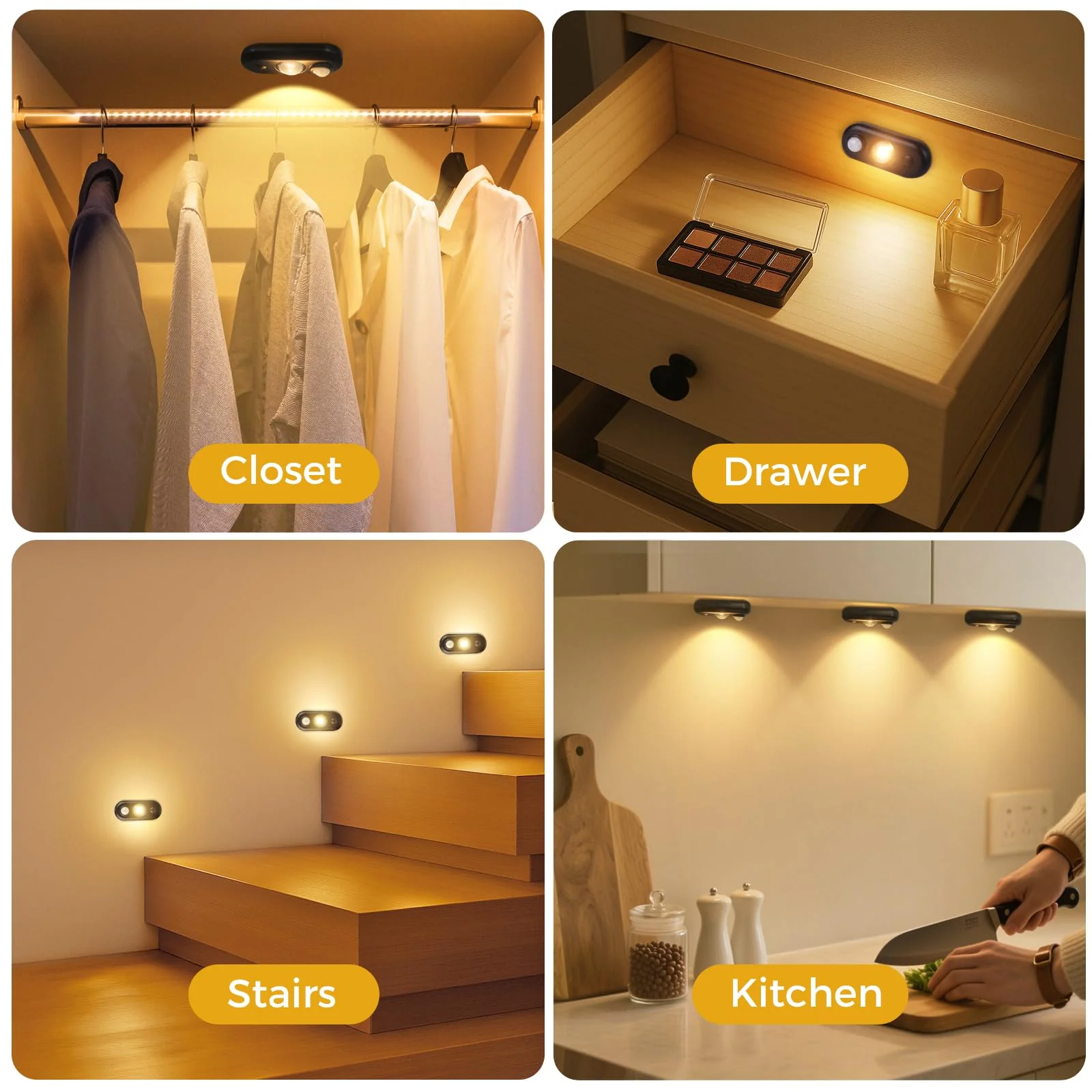 LED Motion Sensor Puck Lights, Small Rechargeable Under Cabinet Light, Dimmable Warm White Closet Lights, Wireless Under Cabinet Lighting for Drawer, Kitchen (6 Pack) 6 pack-Black - Image 7