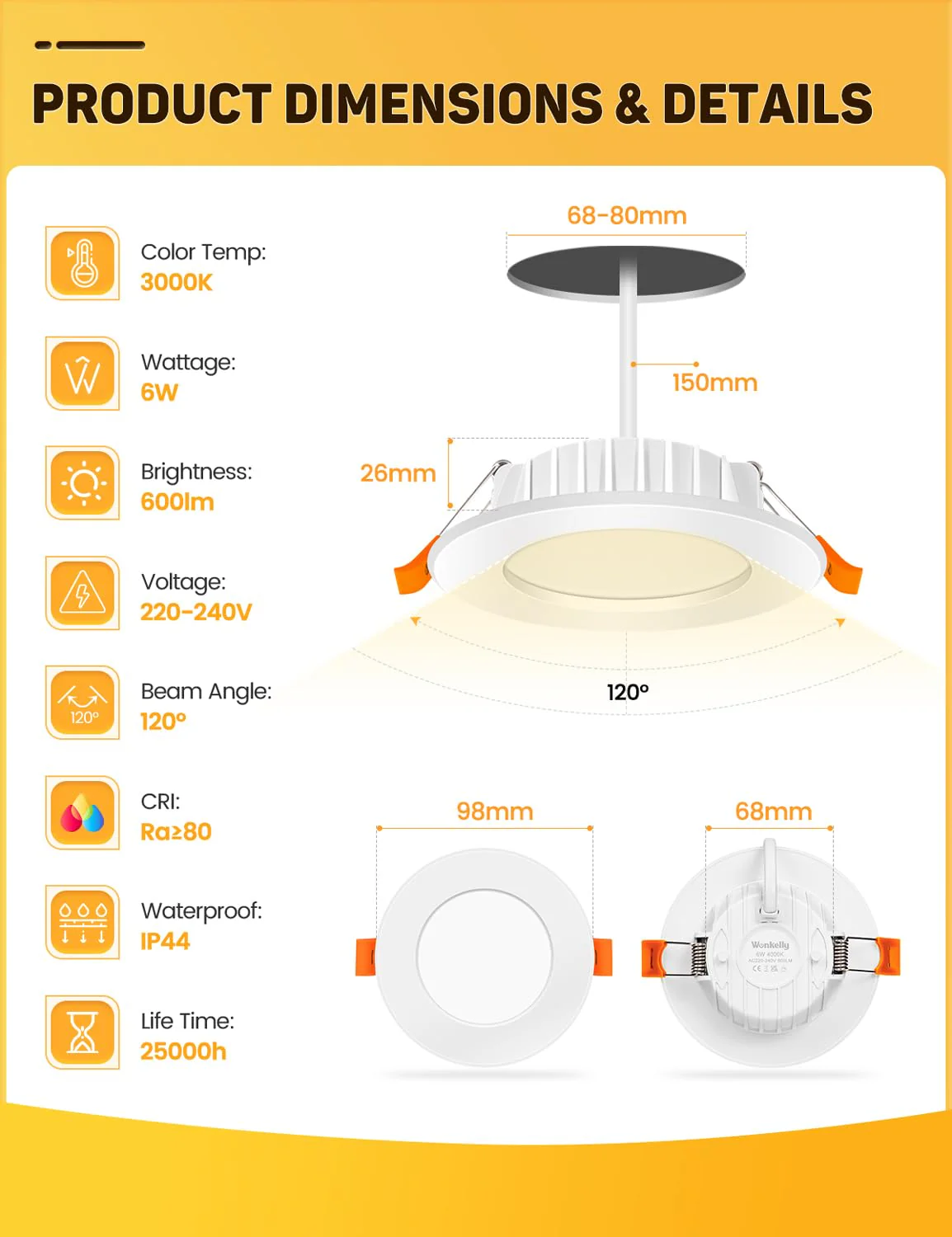 LED Recessed Spotlight 230 V, 6 W Flat Ceiling Spotlight, LED Spot IP44, Warm White 3000 K Ceiling Spotlights, 600 LM, 68-80 mm Installation Diameter, Bathroom Recessed Lights for Bathroom, Kitchen, - Image 2
