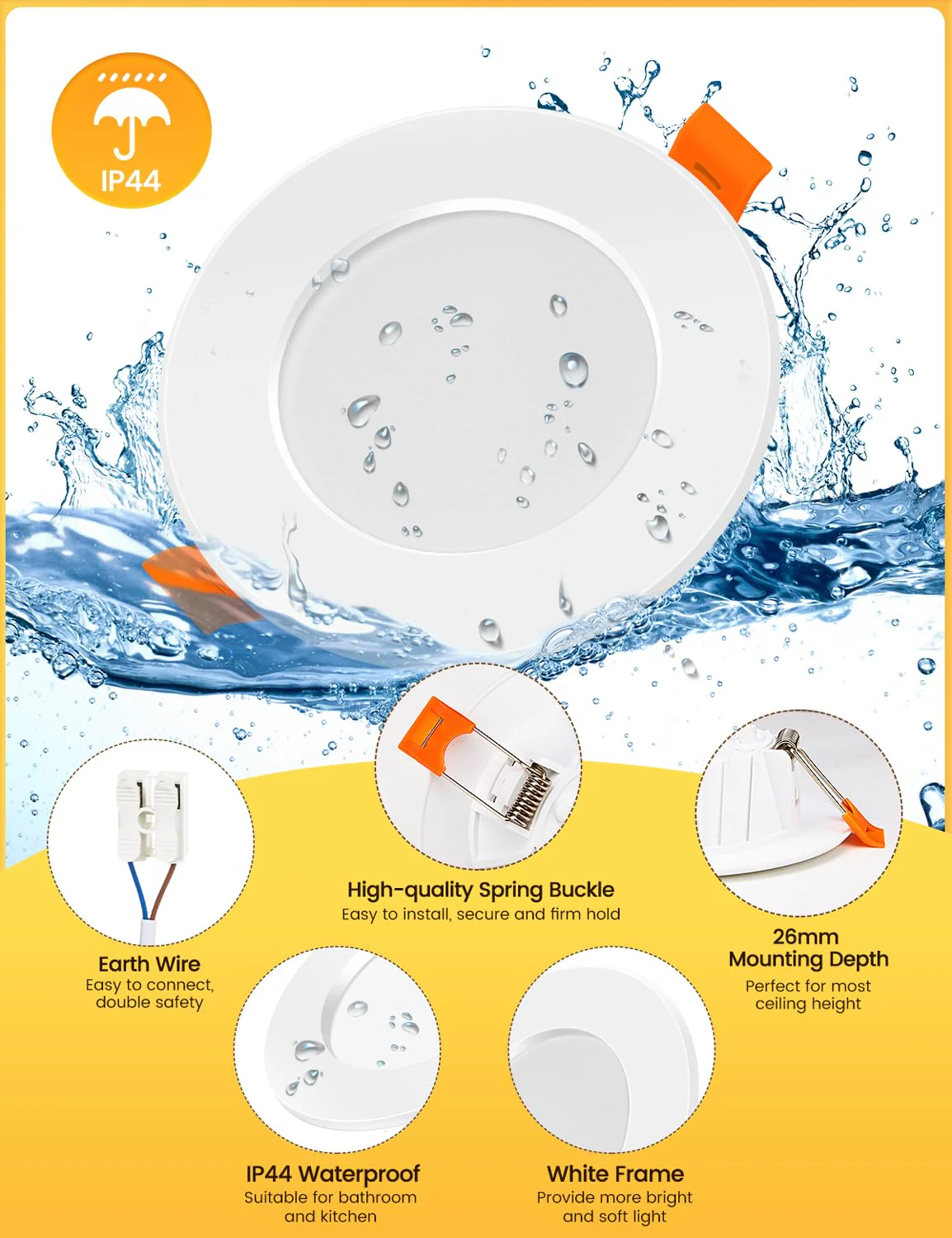 LED Recessed Spotlight 230 V, 6 W Flat Ceiling Spotlight, LED Spot IP44, Warm White 3000 K Ceiling Spotlights, 600 LM, 68-80 mm Installation Diameter, Bathroom Recessed Lights for Bathroom, Kitchen, - Image 3
