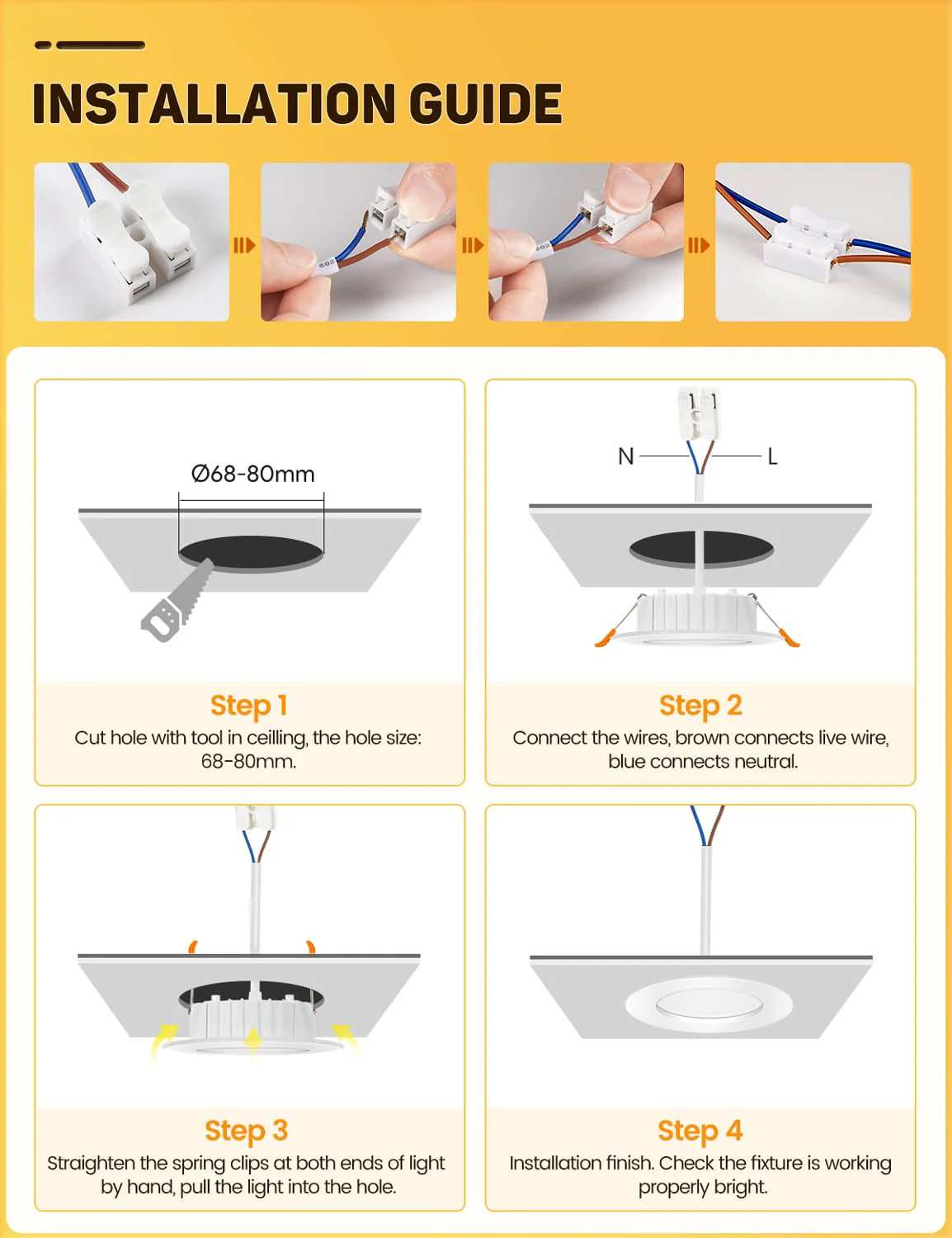 LED Recessed Spotlight 230 V, 6 W Flat Ceiling Spotlight, LED Spot IP44, Warm White 3000 K Ceiling Spotlights, 600 LM, 68-80 mm Installation Diameter, Bathroom Recessed Lights for Bathroom, Kitchen, - Image 5