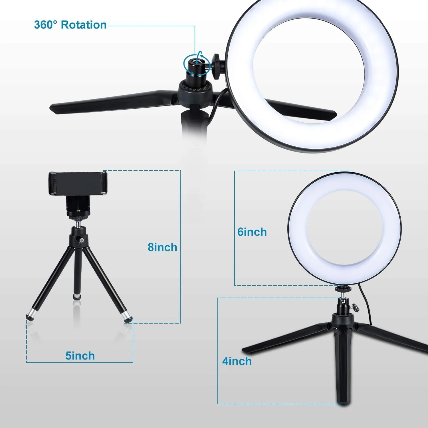 LED Ring Light 6" with Tripod Stand for YouTube Video and Makeup, Mini LED Camera Light with Cell Phone Holder Desktop LED Lamp with 3 Light Modes & 11 Brightness Level (6") - Image 8