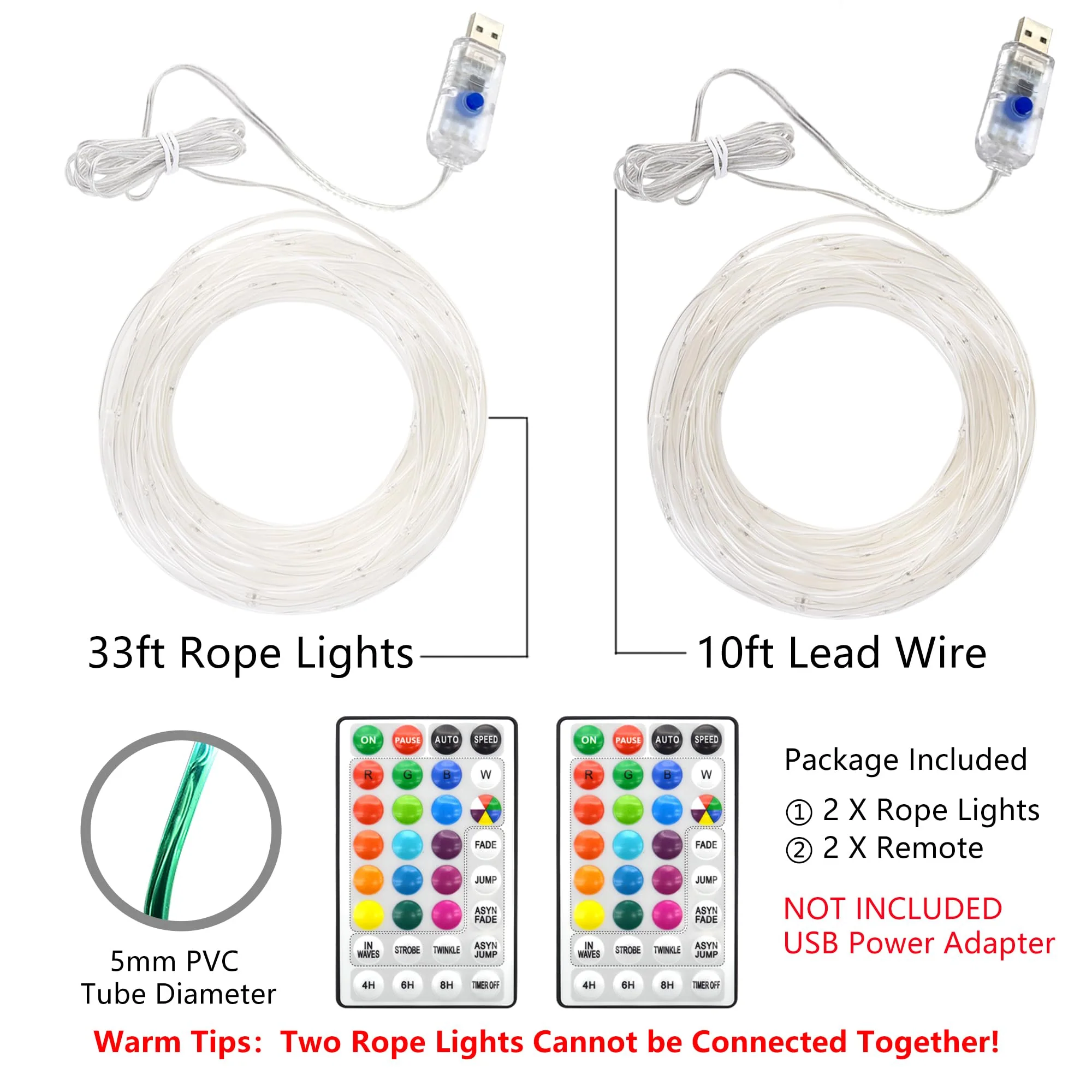 LED Rope Lights with USB Powered, 2 Pack X 33Ft 100 LED String Lights Indoor Outdoor with Remote,16 Color Changing Fairy Tube Lights for Bedroom Garden Party Wedding Christmas 33ft x 2Pack(RGB) - Image 5
