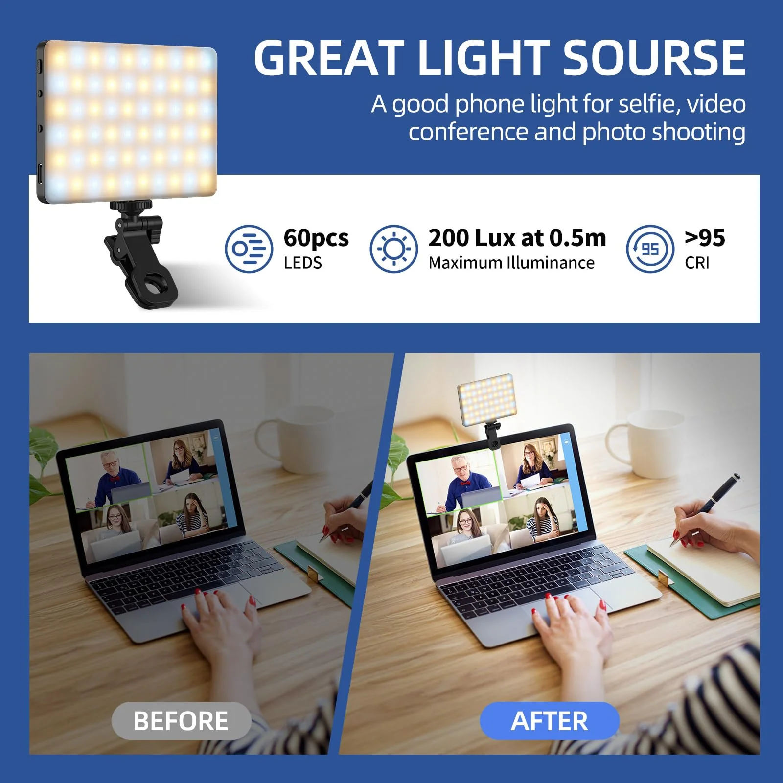 Led Selfie Light,Phone Light wtih Clip,3000mAh Rechargeable Selfie Light, Photo Light with 3 Light Modes, Portable Led Light for Phone,iPhone,Laptop,Pictures,Video Recording,TikTok, Selfie,Live,Vlog 3000mAh - Image 3
