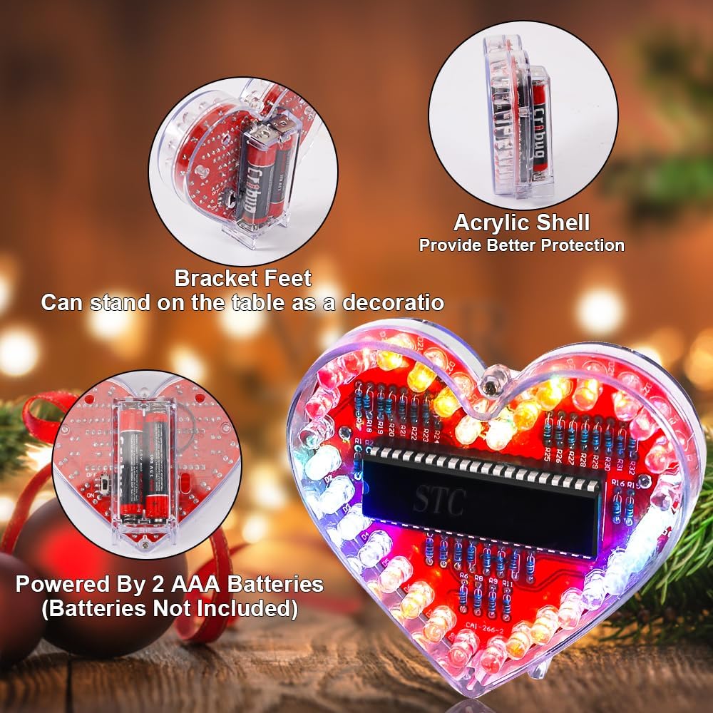 LED Soldering Practice Set, DIY Heart-Shaped LED Soldering Kit, DIY Soldering Project Kit for Students, Soldering Exercise Set Learning Training and Teaching 7 Colours LED Lamps Decoration Gift - Image 4