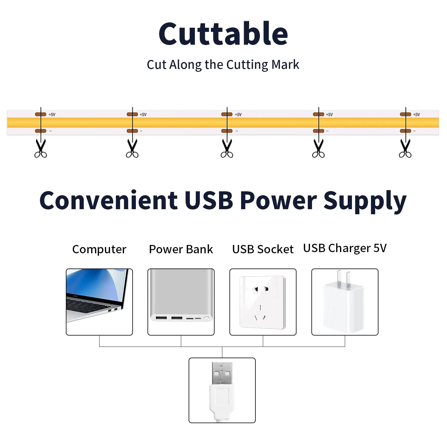 Led Strip Light 5V USB 6.56ft/2m 6000k White COB Led Tape Light 640LEDs CRI93+ Super Bright Dimmable Flexible Led Lights for TV Backlight, Mirror, Kitchen, Cabinets, Bedroom Decor - Image 3