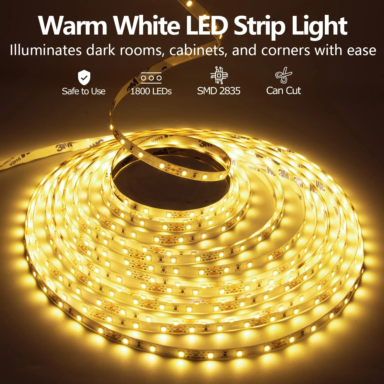 LED Strip Lights 100ft Dimmable 3000K Bright Warm White Strip Lighting, 30M 1800 LEDs 2835 Flexible Ribbon Light 12V LEDs Tape LED Lights for Bedroom Kitchen Home Decoration - Image 4