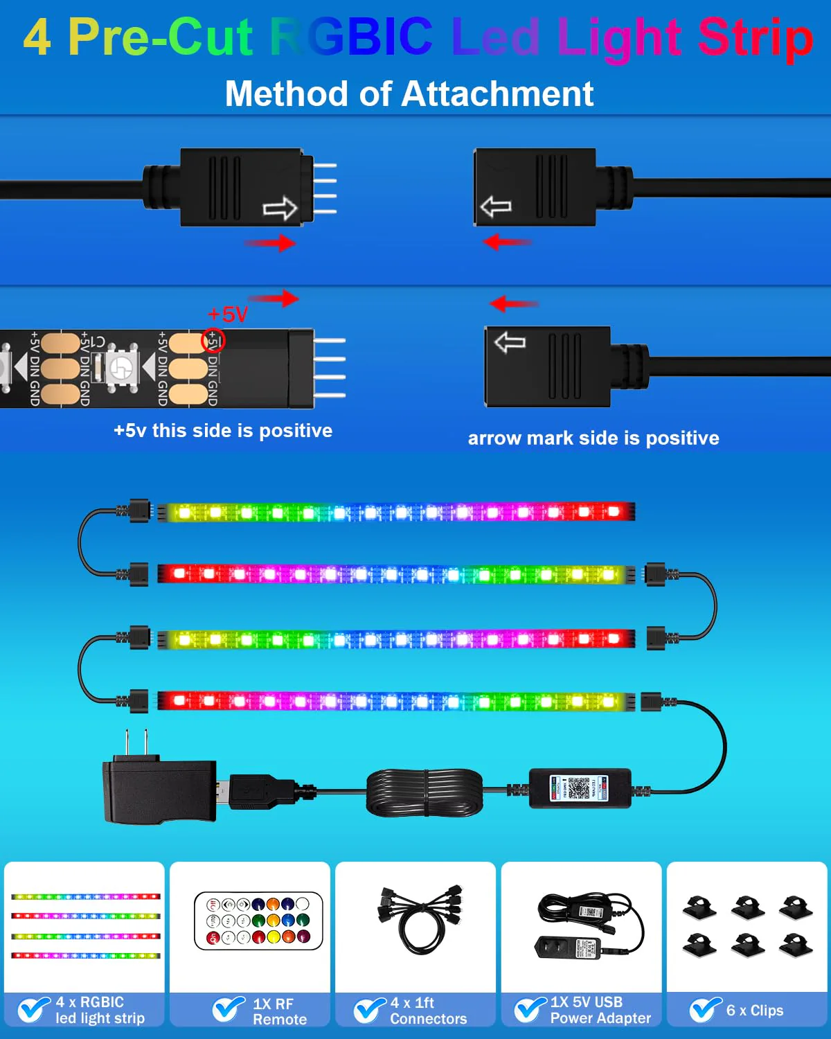 LED Strip Lights 4 Pre-Cut RGB Led Light Strip With APP & Remote Control, Multi-color Music Sync Changing Strip Lights for Cabinets Shelf Closets TV Backlight Kitchen Bedroom, With Power Adapter - Image 6