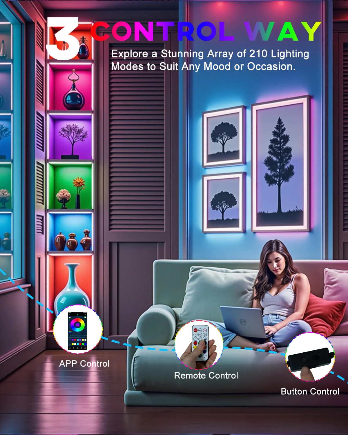 LED Strip Lights 4 Pre-Cut RGB Led Light Strip With APP & Remote Control, Multi-color Music Sync Changing Strip Lights for Cabinets Shelf Closets TV Backlight Kitchen Bedroom, With Power Adapter - Image 9