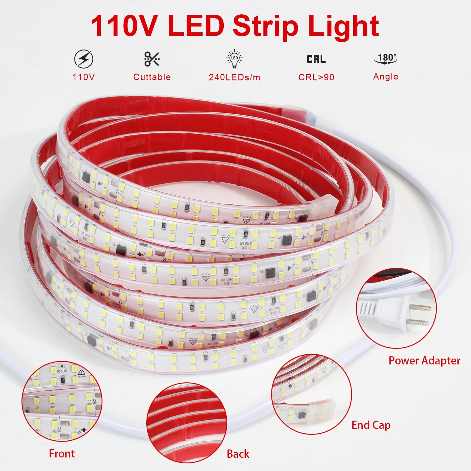 LED Strip Lights Outdoor Waterproof 16.4FT AC 110 Volts Cuttable LED Light 5M 240LEDs/m 4000K with Adhesive Double LED Bead Lighting for Bedroom Indoor Patio Christmas Decor White 4000K - Image 4