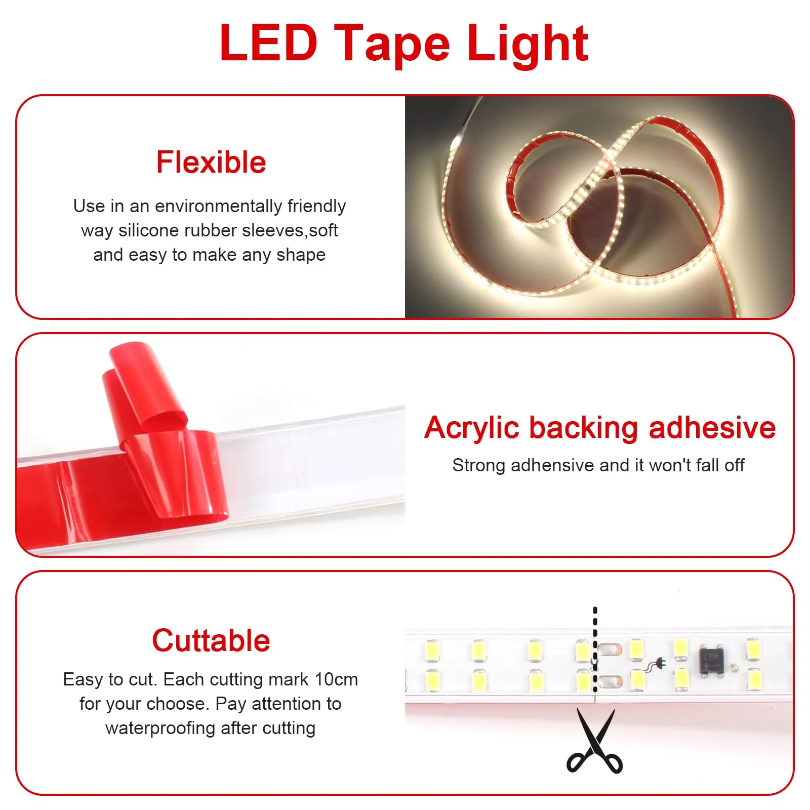 LED Strip Lights Outdoor Waterproof 16.4FT AC 110 Volts Cuttable LED Light 5M 240LEDs/m 4000K with Adhesive Double LED Bead Lighting for Bedroom Indoor Patio Christmas Decor White 4000K - Image 5