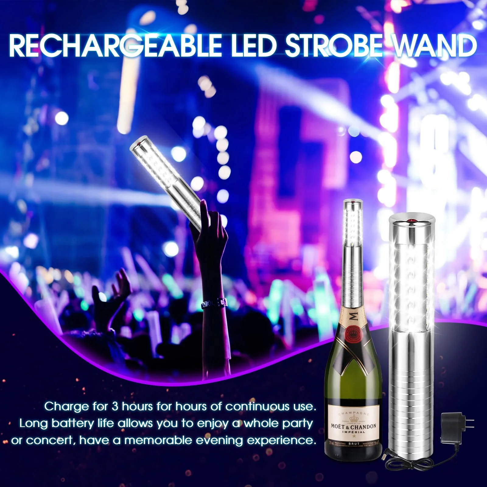 LED Strobe Baton Lights 2 Pieces Bottle Service Light Reusable Handheld Champagne Bottle Lights for Bar Club Birthday Weddings Parties, Silver - Image 5